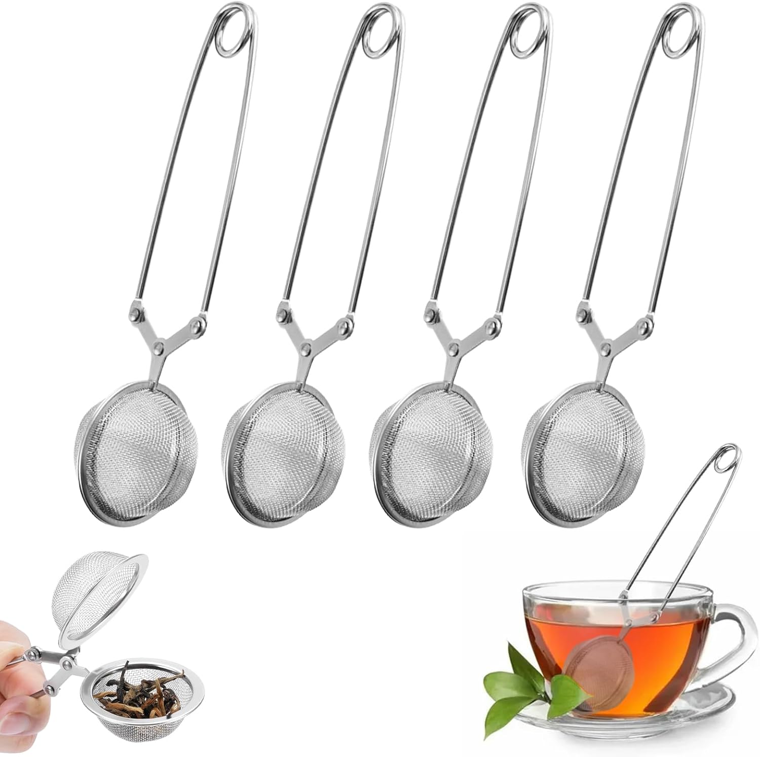 Set of 4 tea tongs, tea tongs made of stainless steel, tea infuser in ball shape made of 304 stainless steel, tea tongs for loose tea strainer, stainless steel tea tongs for loose tea, large, suitable