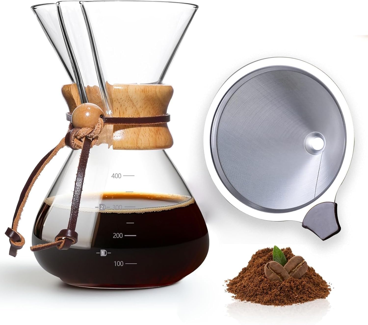 LMSAWK Ilter Coffee Maker with Permanent Filter, Glass Coffee Dripper Brewer, Dishwasher Safe, 3 Cups, 400 ml