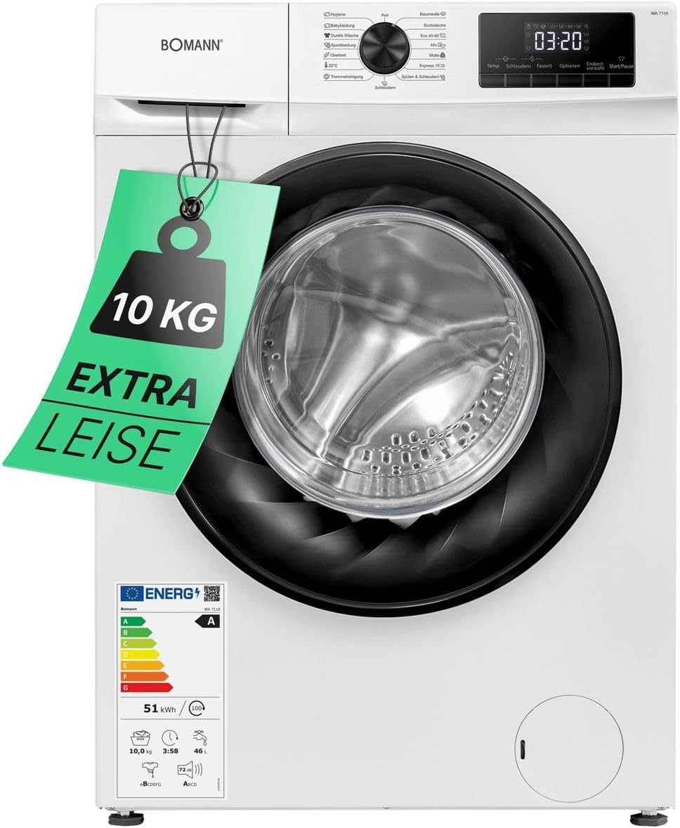 Bomann® Washing Machine 10 kg | Max. 1400 rpm | Efficient, Quiet & Durable Inverter Motor | 15 Programmes | End Time Delay | LED Display | Washing Machine WA 7110
