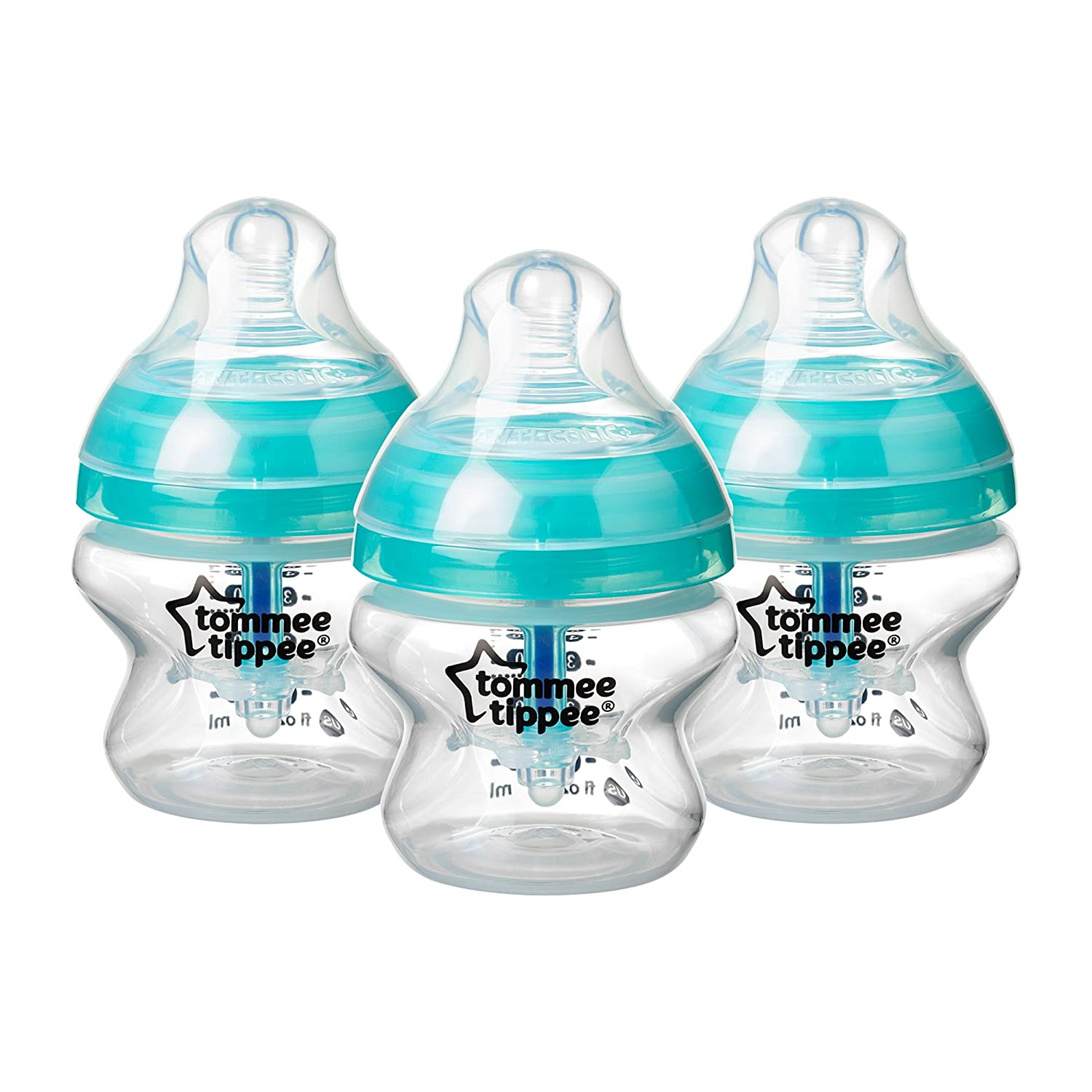 Tommee Tippee Advanced Anti-Colic Baby Bottles, Breast-like Teat and Heat Sensor Technology, 150 ml, Pack of 3, Clear