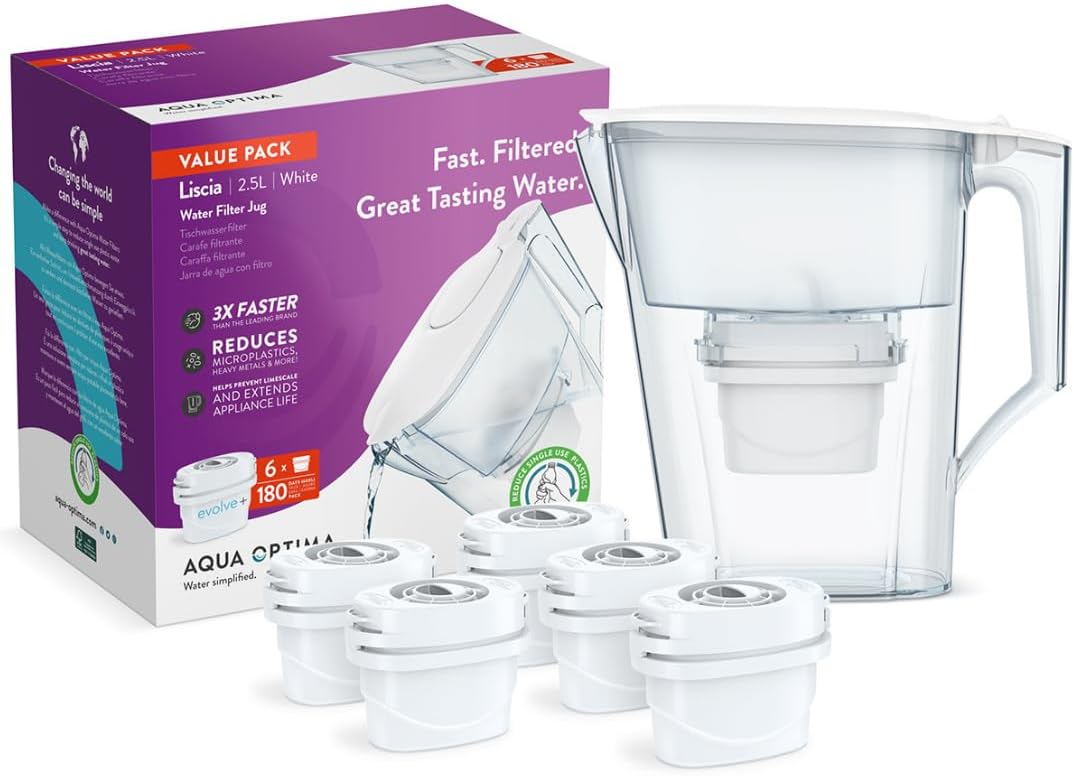Aqua Optima Liscia Water Filter Jug & 6 x 30 Day Evolve+ Water Filter Cartridges, 2.5 Liter Capacity, to Reduce Microplastic, Chlorine, Limescale and Contaminants, White