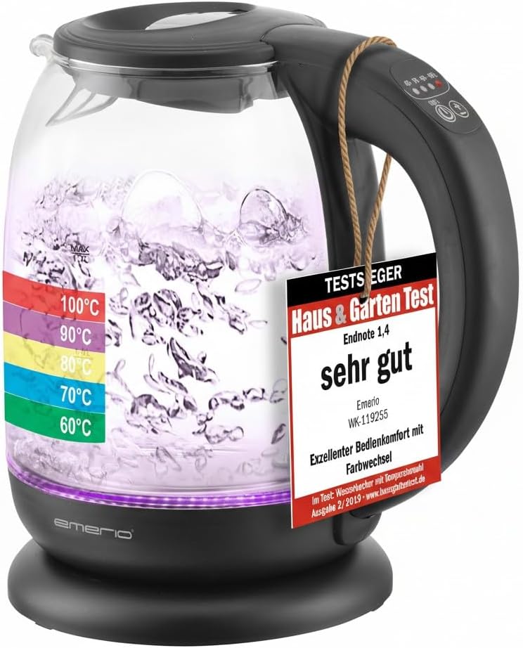Emerio WK-119255 Glass Kettle with Temperature Selection (60 °C / 70 °C / 80 °C / 90 °C / 100 °C), BPA-free, Run-Dry Protection, Auto-Off, 2200 Watts, Stainless Steel, 1.7 Liters