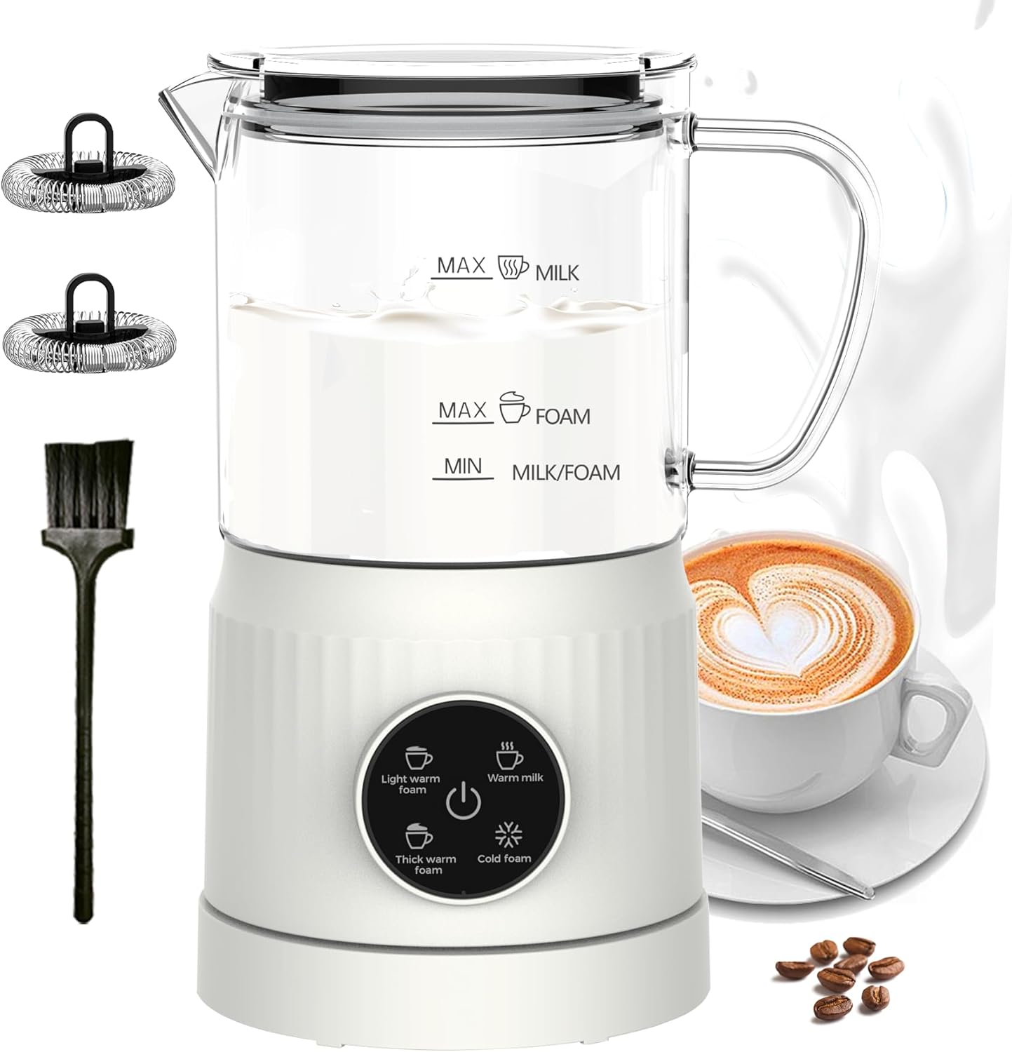 Electric Milk Frother, 4-in-1, Automatic Milk Warmer, Milk Frother for Hot and Cold, Glass, Foam Maker for Coffee Latte, Cappuccino White