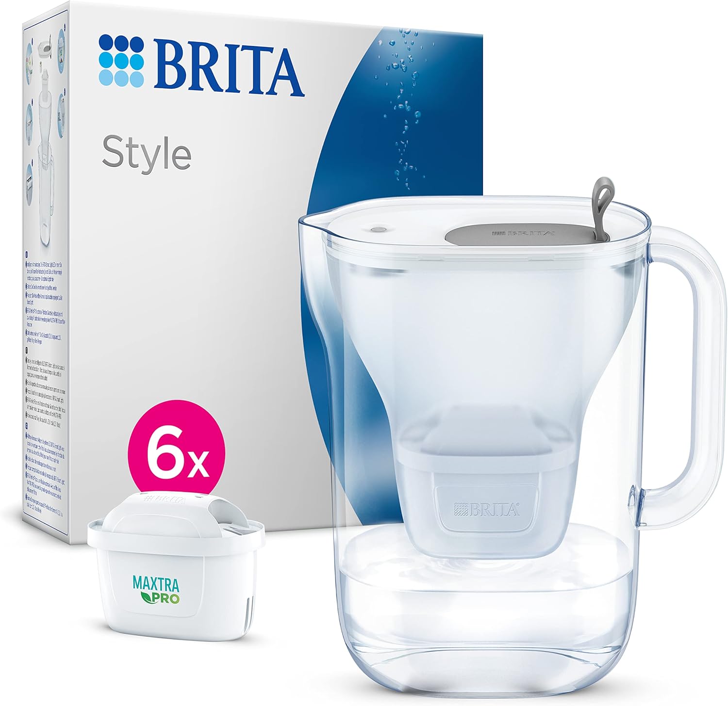BRITA Style Water Filter Jug Light Gray (2.4 L) Includes 6 x Maxtra Pro All-in-1 Cartridge - Water Filter in Modern Design for the Fridge to Reduce Limescale, Chlorine, Metals such as Lead & Copper