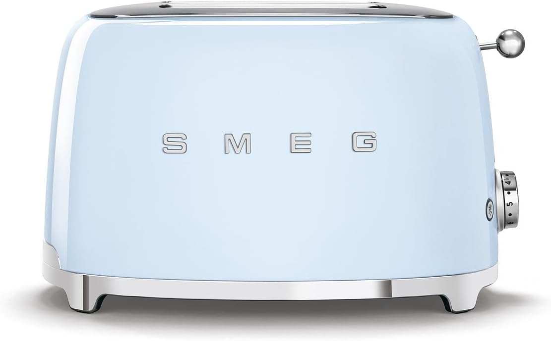 Smeg, 2x2 TSF01PBEU Toaster, 2 Slots for 2 Slices, 6 Gilding Levels, Heating Function, Defrost and Bagel Function, Collection Drawer, 950W, Pastel Blue