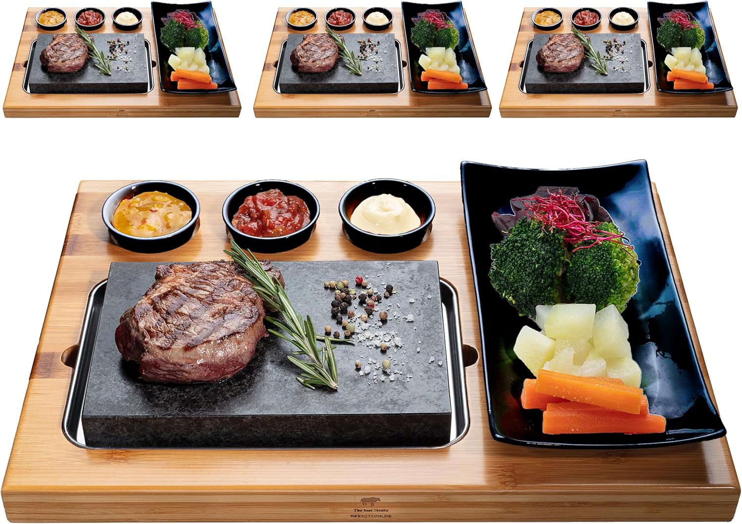 Hot Stone Lava Stone Steak Board Hot Stone Grill Set Made of Bamboo Board Lava Stone and Porcelain Plate, Meat, Fish Grilling on Hot Stone (4 x Uno Black)