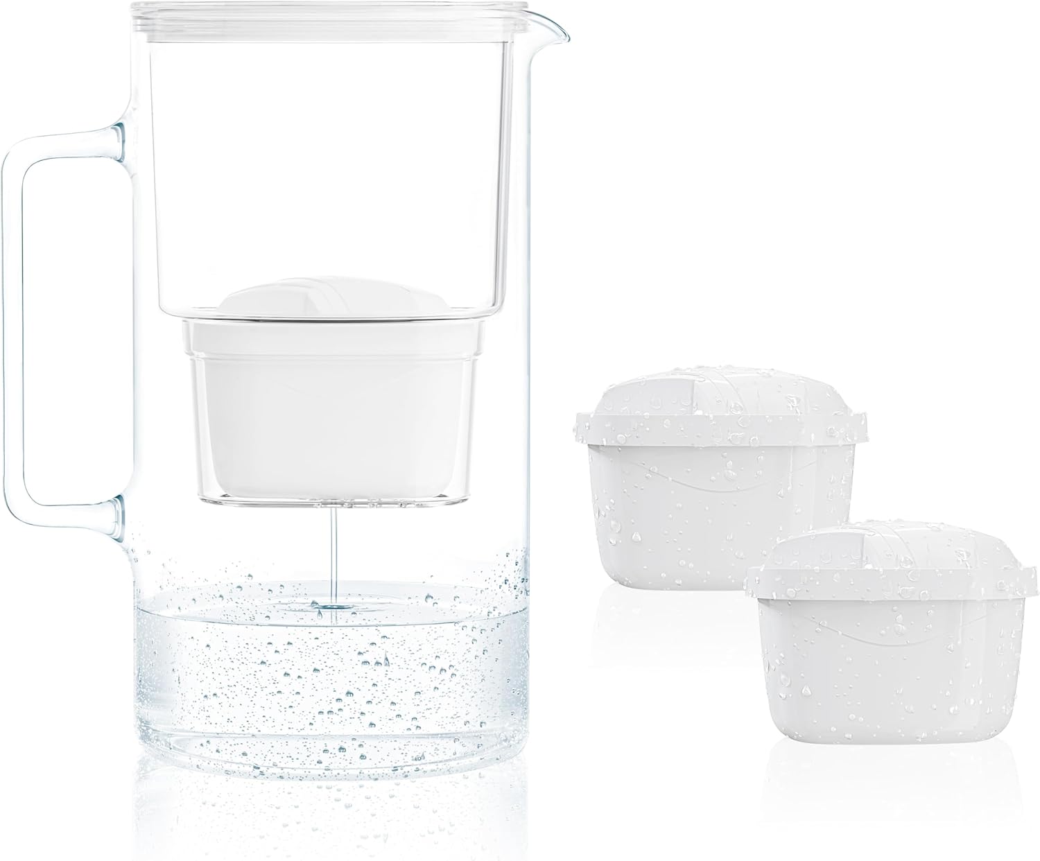 Wessper Water Filter Jug Glass 3 L, Set Water Jug and 2 Filter Cartridges, Compatible with Brita Maxtra, Water Carafe for Drinking Water with Replacement Filter - White