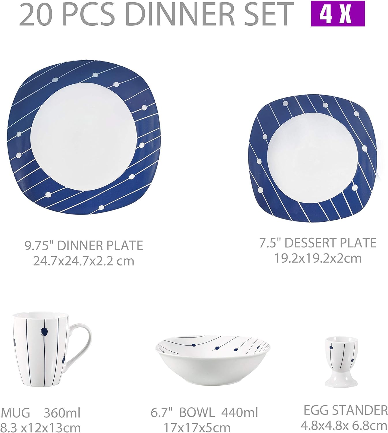 VEWEET \'Dot\' Porcelain Crockery Service | 18-Piece Crockery Set, Plate Set for 6 People