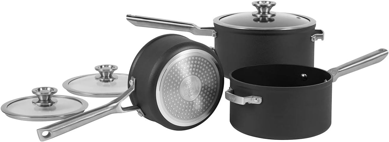Ninja Foodi ZEROSTICK 3-Piece Stackable Hard Anodised Aluminium Saucepan Set, [C53000UK] Non-Stick Coating, Induction Compatible