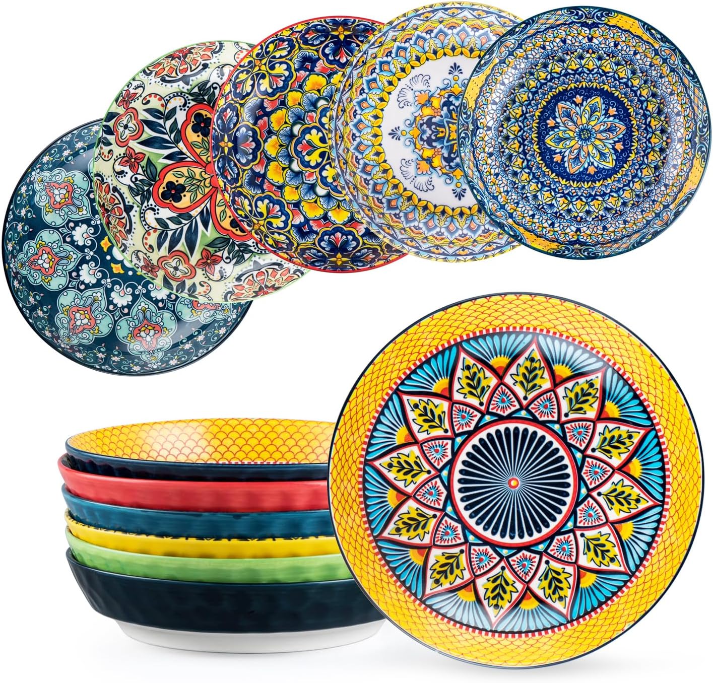 HENXFEN LEAD Salad Bowl, Cereal Bowl, Ceramic 950 ml, Dessert Bowl Made of Porcelain, Pasta Bowl for Fruit Salad, Pasta, Cereal etc. Colourful, Pack of 6 - Bohemian Style