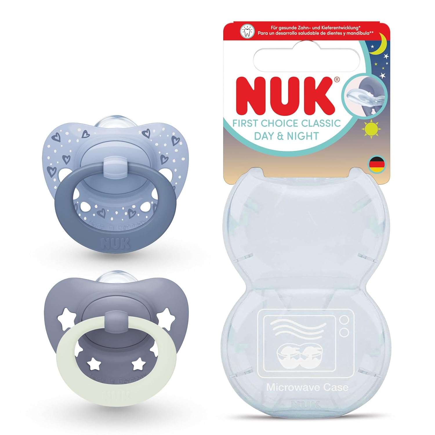 NUK First Choice Classic Day & Night Baby Dummies | 6-18 Months | Glow in the Dark Orthodontic Dummies | 95% Acceptance in Babies** | Blue | Pack of 2