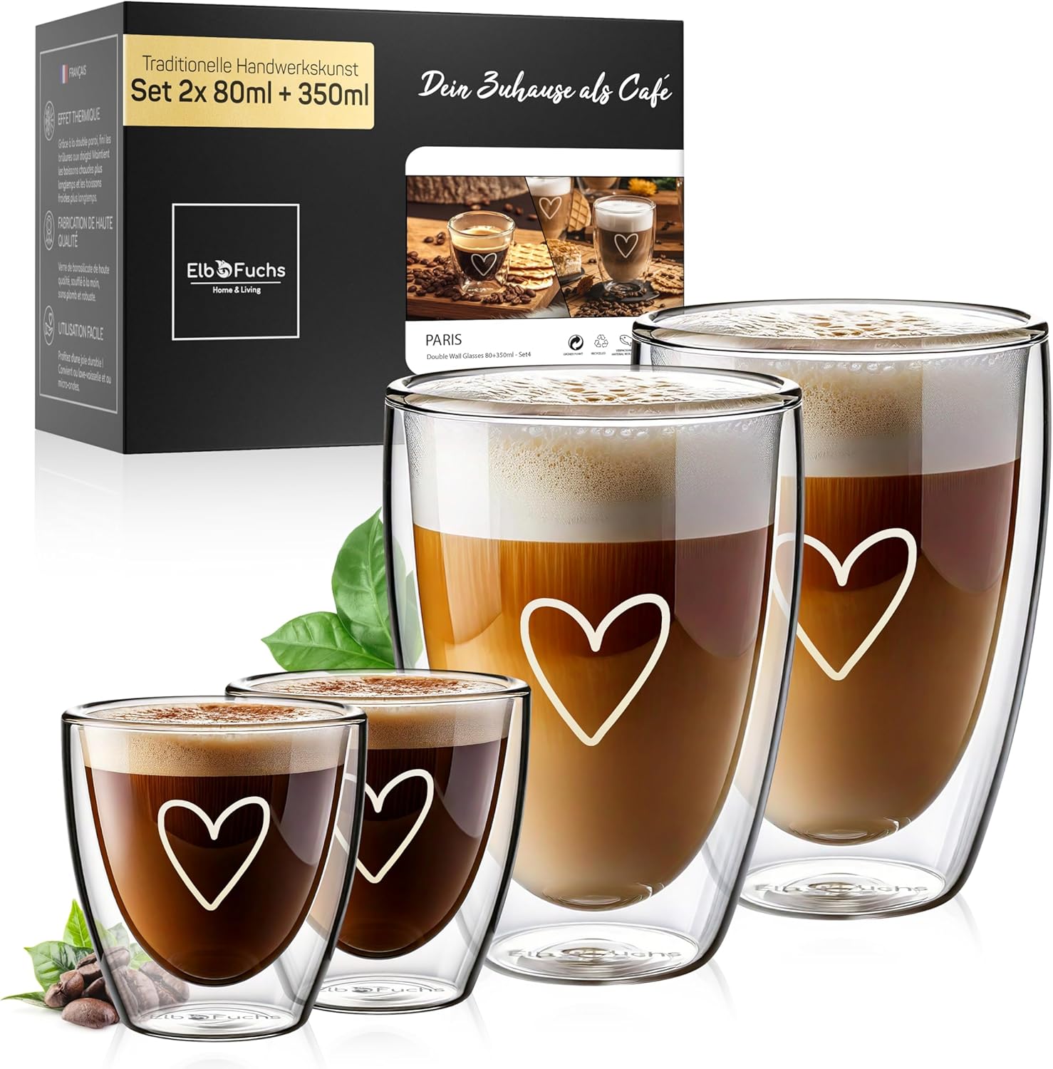 Double-Walled Latte Macchiato Glasses and Espresso Glasses Combination Set (2 x 80 ml + 2 x 350 ml) Crystal Clear Thermal Glasses, Double-Walled Espresso Cups and Cappuccino Cups