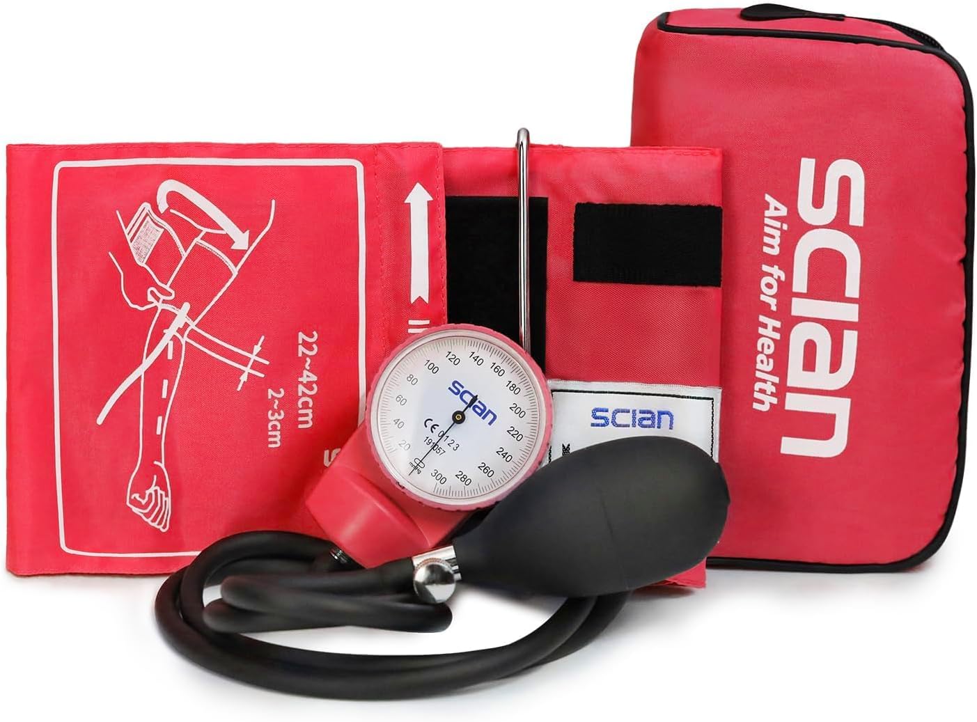 Scian Store Scian Manual Blood Pressure Monitor - Aneroid Sphygmomanometer with D-Ring Universal Cuff 22-42cm Carrying Bag for Nurses, Doctors, Seniors, Adults (Red)