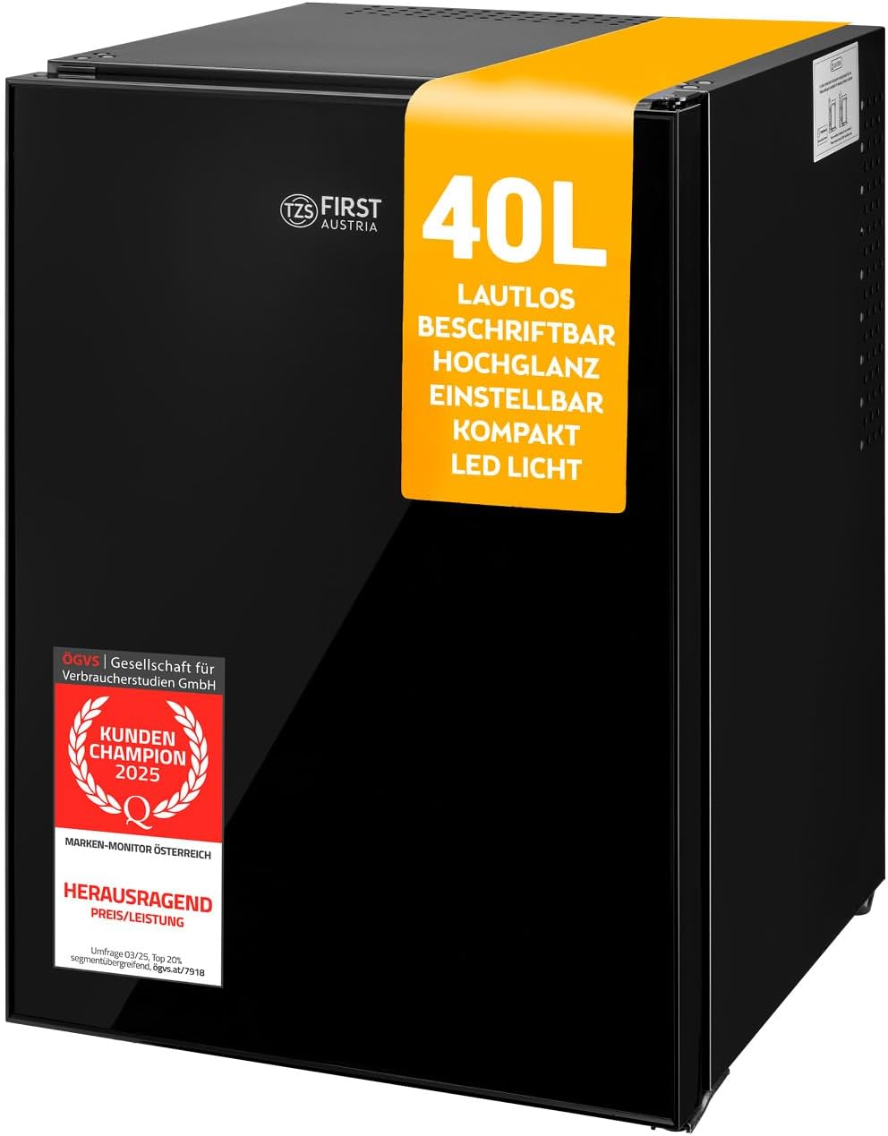 TZS First Austria - Mini Fridge 40 L Silent - Small Mini Fridge Changeable Door Hinge & Interior Lighting - Mini Bar for Camping, Office, Bedroom & Hotel - Glass Front