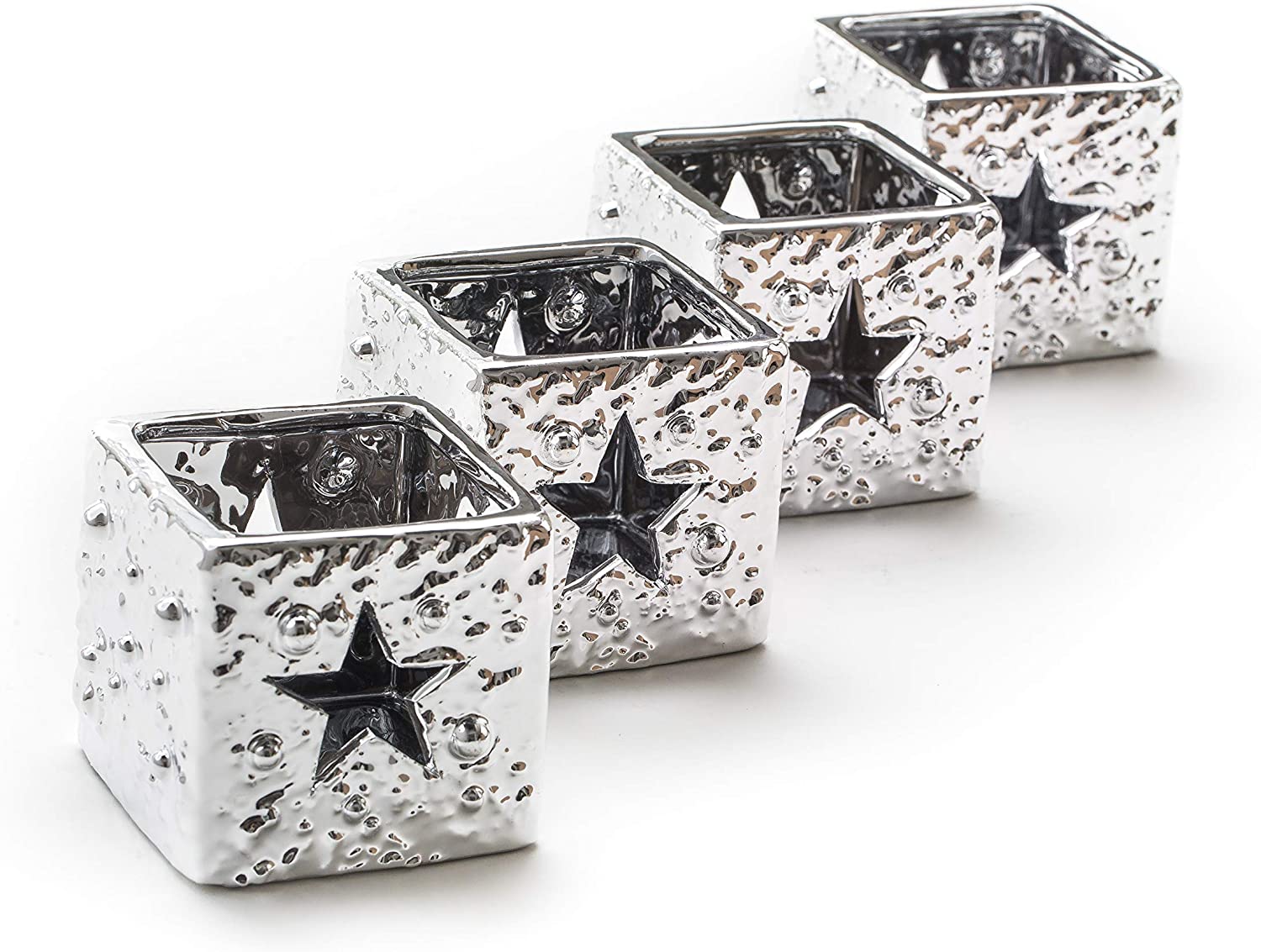 DARO DEKO Daro Decorative Ceramic Tealight Holder Silver Various Designs - Single or Set of 4