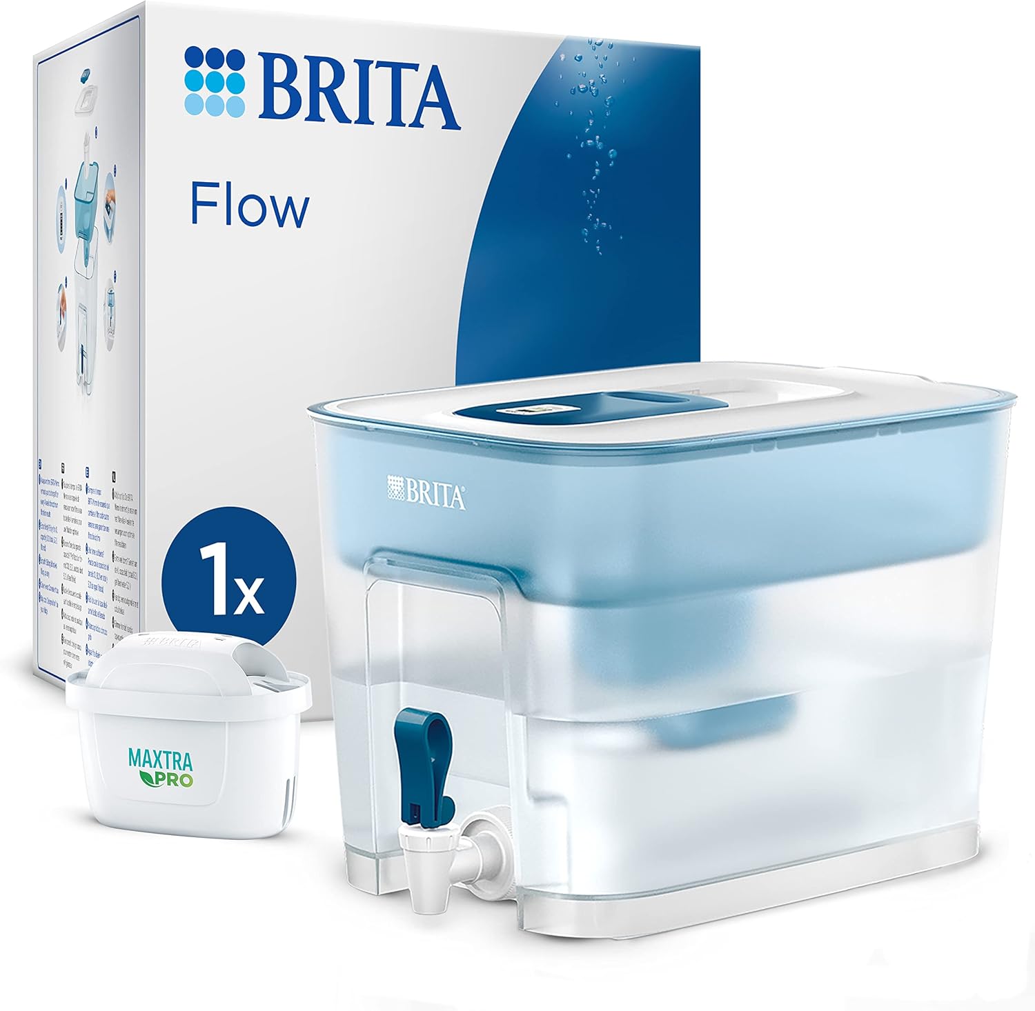 BRITA Flow Water Filter XXL (8.2 L) Including 1 x Maxtra Pro All-in-1 Cartridge - Fridge Drink Dispenser with Tap & Large Capacity - Reduction of Limescale, Chlorine, Lead & Copper in Drinking Water