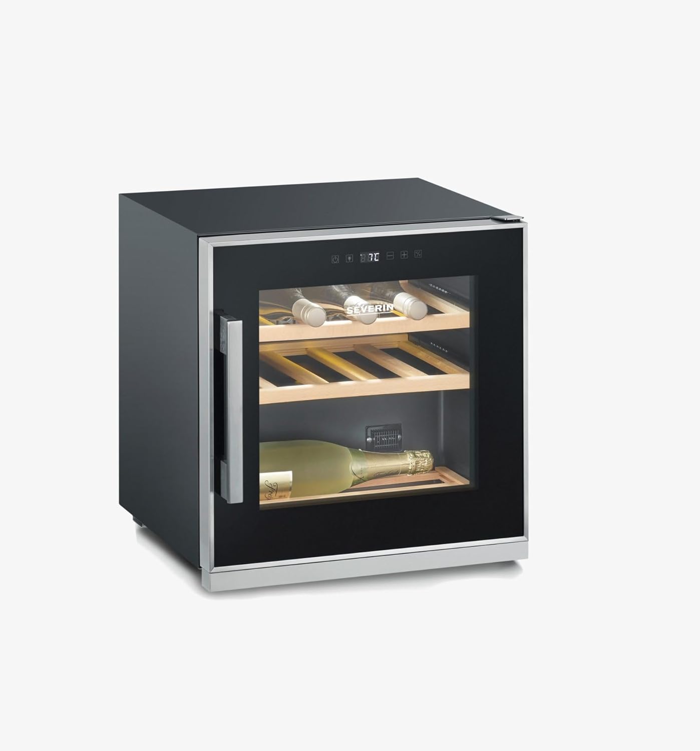 SEVERIN SEVINZO WKS 8892 14 Wine Fridge Singlezone Wine Cooler for 14 Bottles, High-Quality Wine Fridge with Touch Control and 3 Wooden Shelves, Black/Stainless Steel Frame