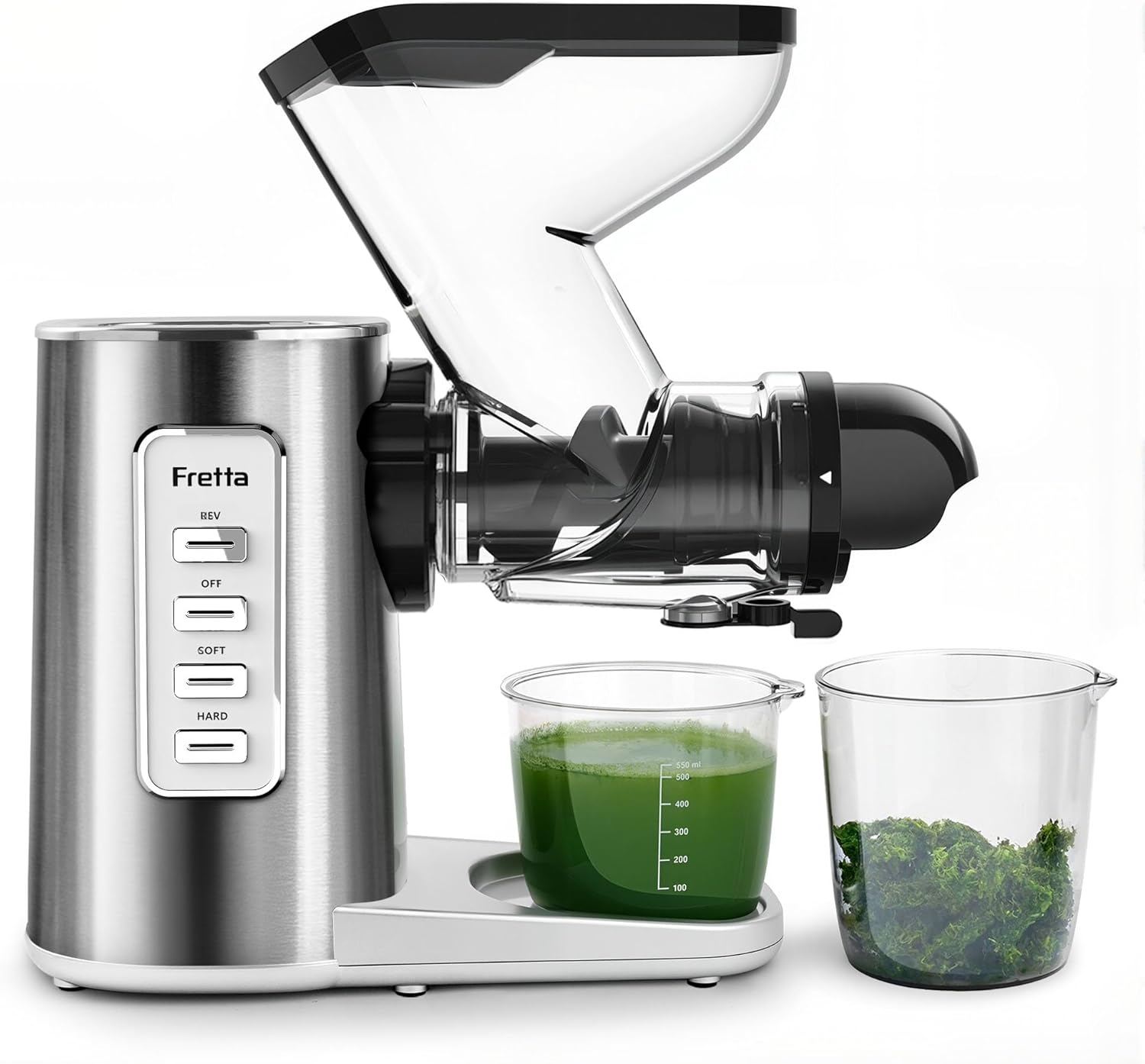 Fretta Juicer Slow Juicer, Stainless Steel Juicer Vegetable and Fruit Test Winner, 200 W Cold Press Juicer Machine, Electric Juicer, 76 mm Large Opening, High Juice Yield, Easy Cleaning, BPA Free