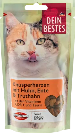 Dein Bestes Cat treat, crispy hearts with chicken, duck & turkey, 65 g