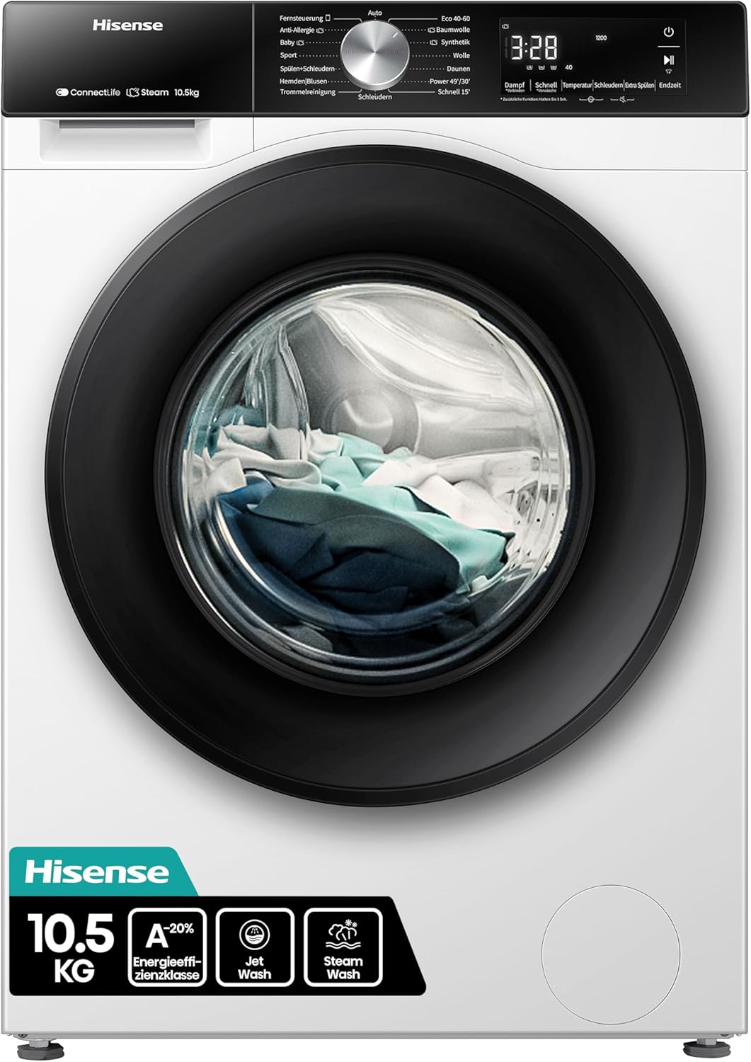 Hisense WF3S1043BW3 Washing Machine with Steam Function, 10.5 kg, 1400 rpm, 19 Programmes, WiFi, ConnectLife, Power JetWash, Aqua Stop, Auto Wash, Quick Wash, Steam Refresh, Energy EEK A-20 Percent