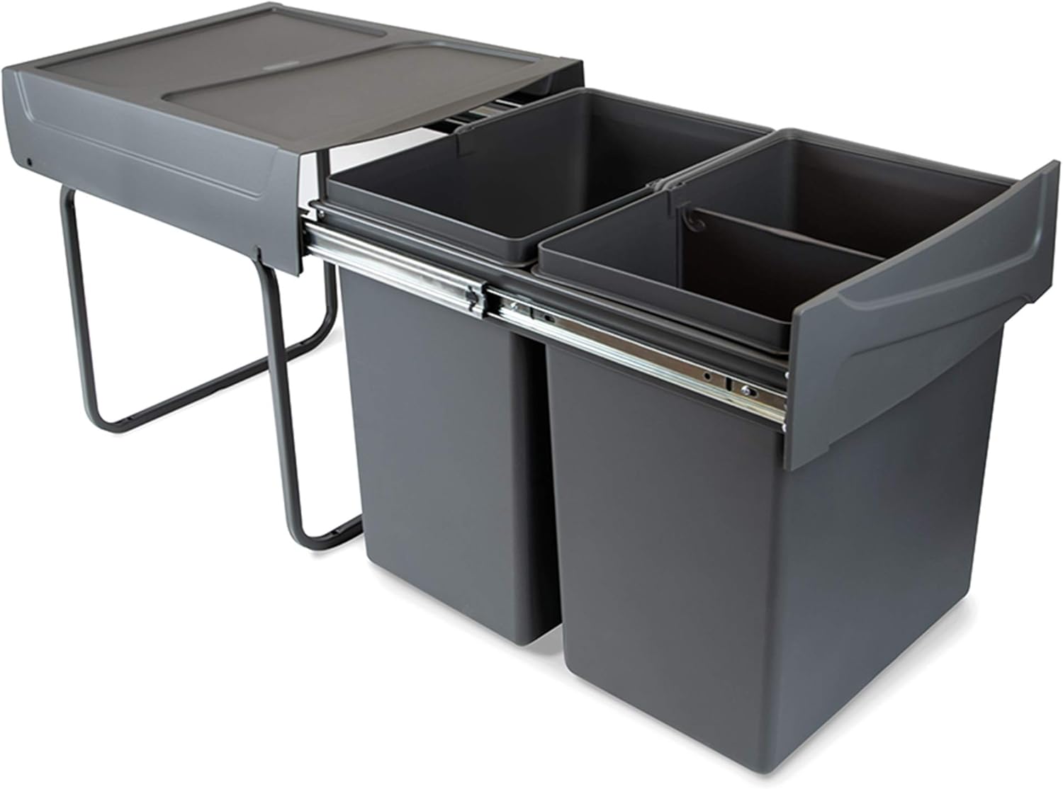 Emuca Kitchen Waste Bin with Bottom Fixing, 2 Pull-Out 20 L Recycle Bins, Total Capacity 40L (2 x 20L), Steel and Plastic, Charcoal Grey