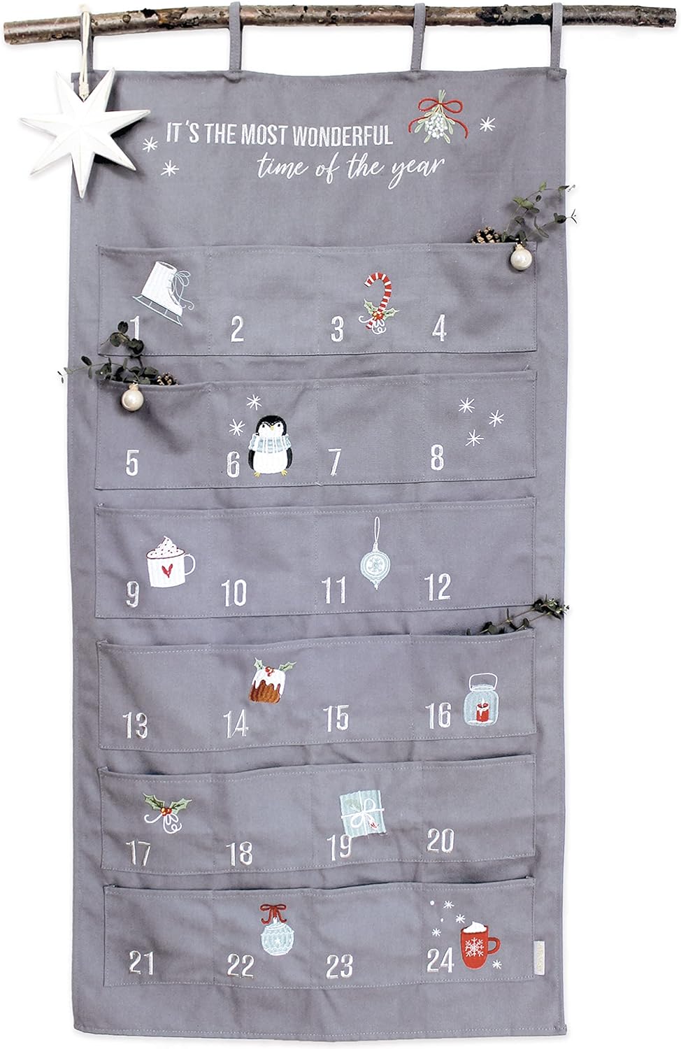 Papierdrachen Advent Calendar 2023 as Wall Calendar Made of Fabric for Filling – Blue/Grey & Silver – High-Quality Embroidered – Fabric Bag – Gift Bag – Reusable – Set No. 35
