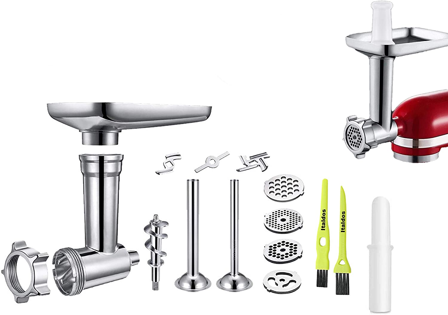 Italdos Meat Mincer Compatible with KitchenAid Infusion Machine, Filling Pipes for Sauces, 4 Custom-Made Discs Accessories for Artisan and Professional Series - Stainless Steel