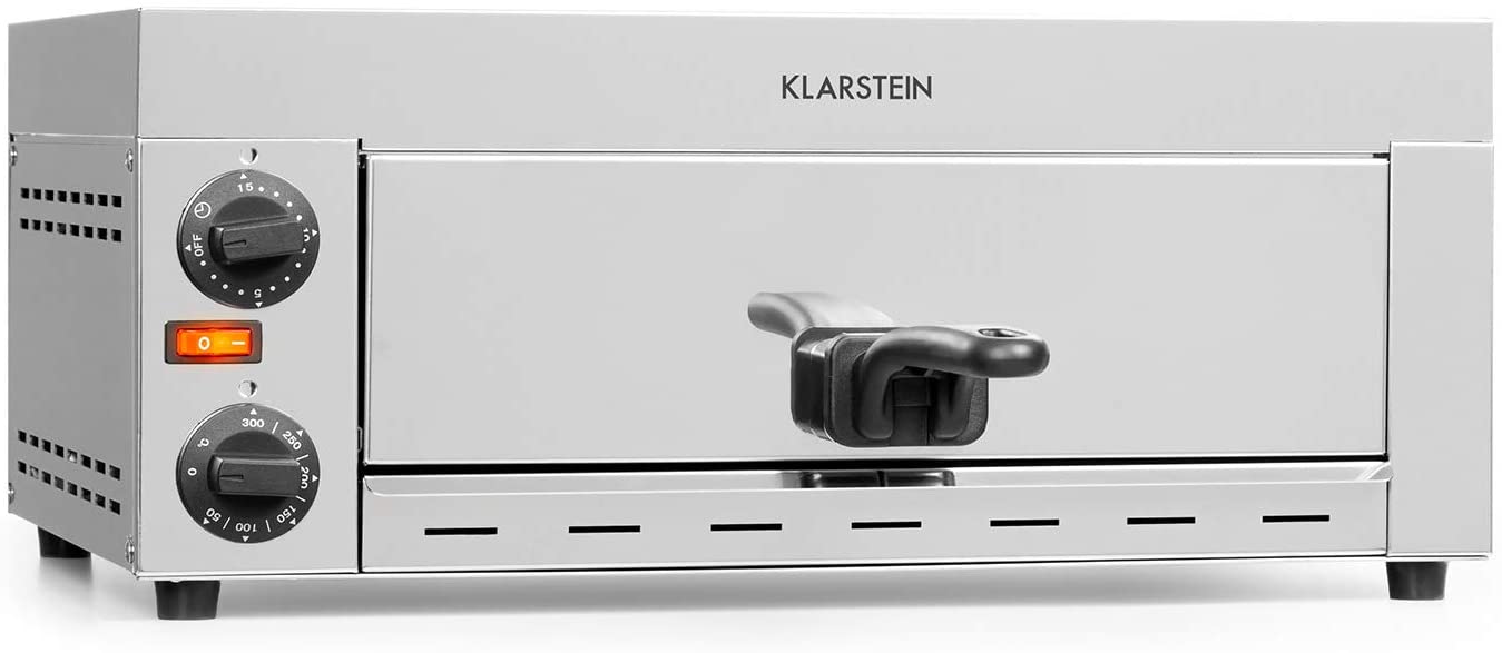 Klarstein Vesuvio Pro Gastro Pizza Oven, 1130 Watt, 1 Chamber, 360 x 330 mm Baking Surface, Temperature up to 300 °C, Crumb Tray, Stainless Steel, Pizza Oven, for Bread and Baked Goods, Silver