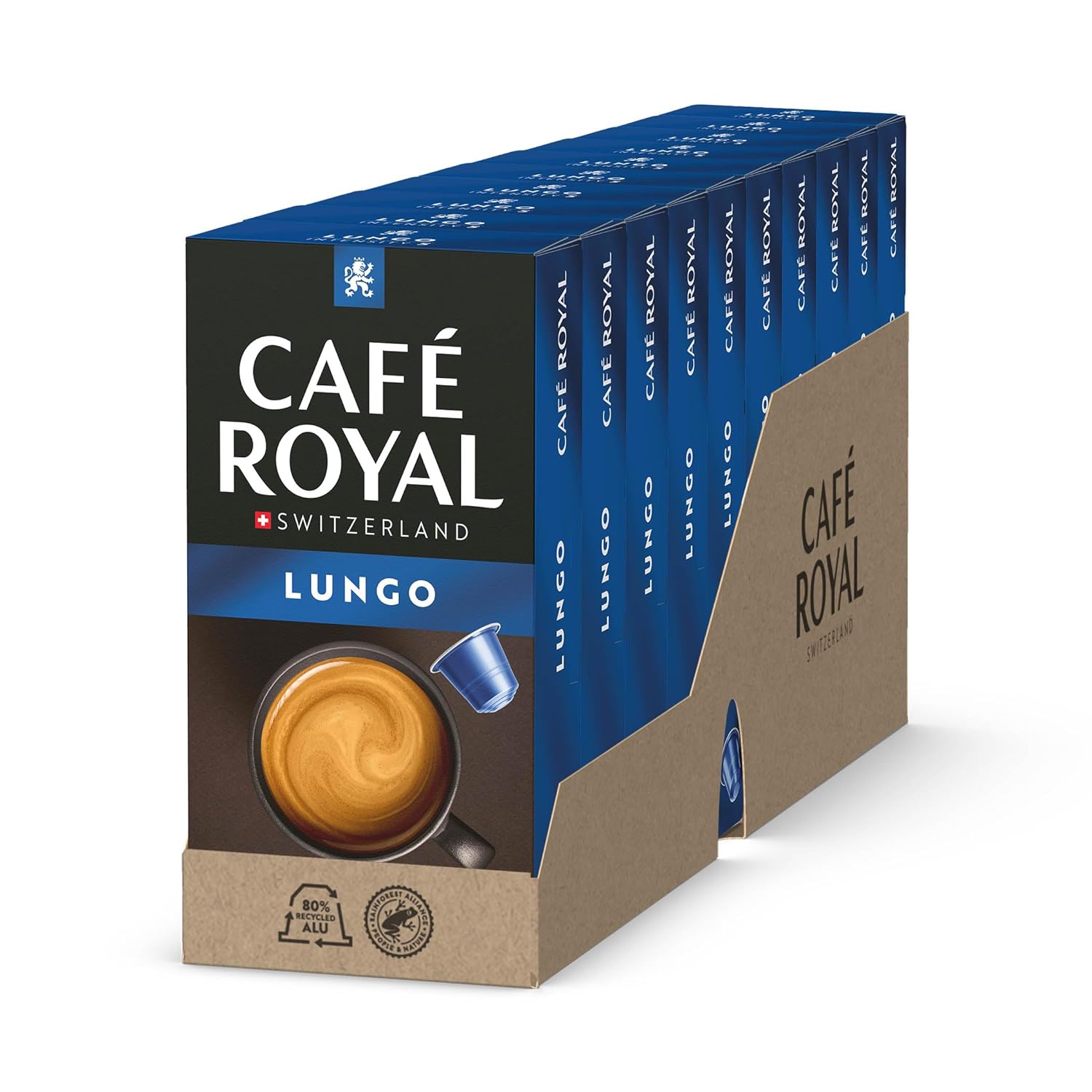 Café Royal, Lungo, 100 Nespresso (R) Compatible Capsules, 80% Recycled Aluminum, Rainforest Alliance Certified, 100% Arabica Coffee, Intensity 5