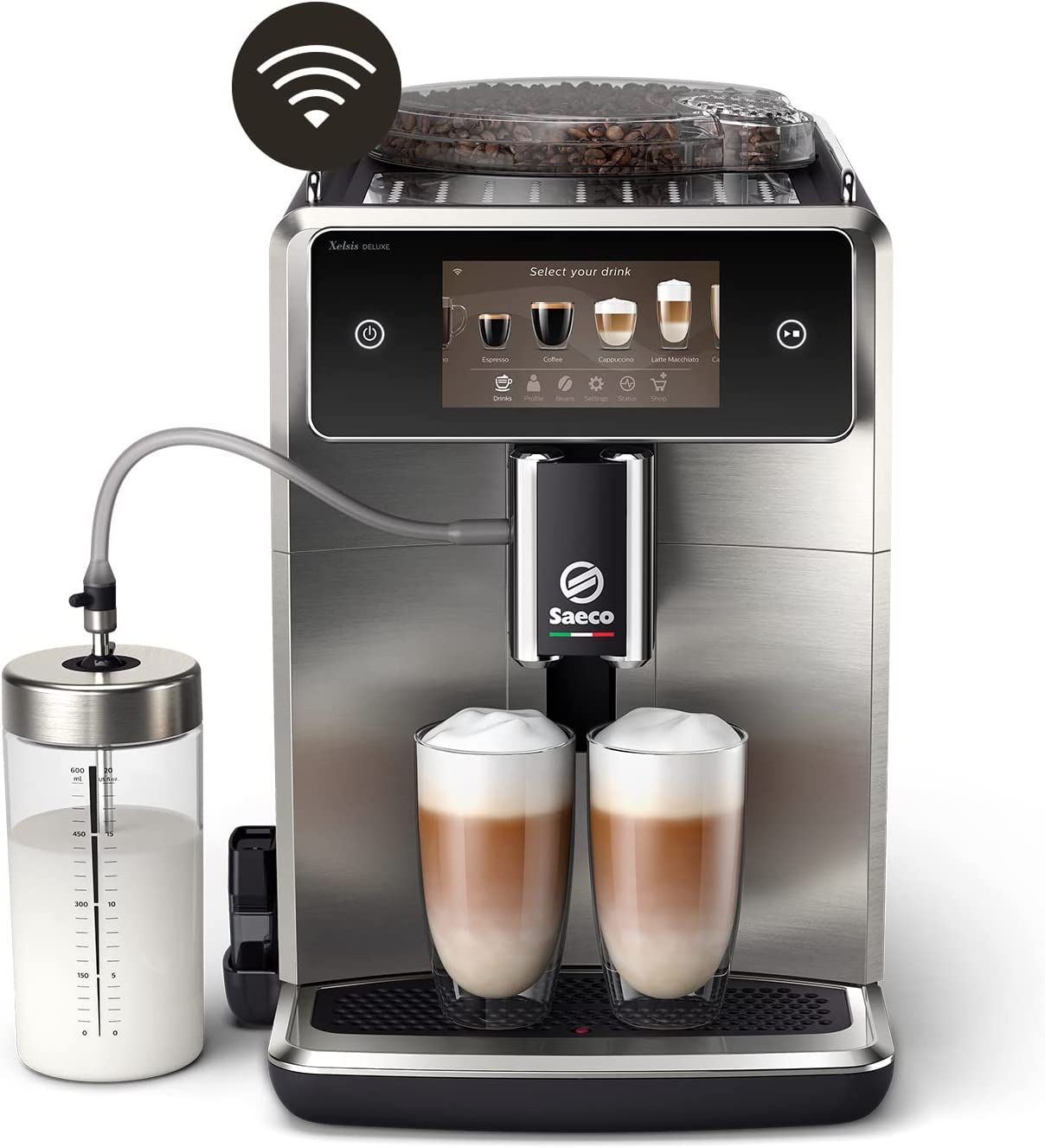 Philips Domestic Appliances Saeco SM8785/00 Xelsis Deluxe Fully Automatic Coffee Machine, 22 Coffee Varieties, Touch Screen, 8 User Profiles, WiFi Connectivity, Piano-Black, Stainless Steel Front