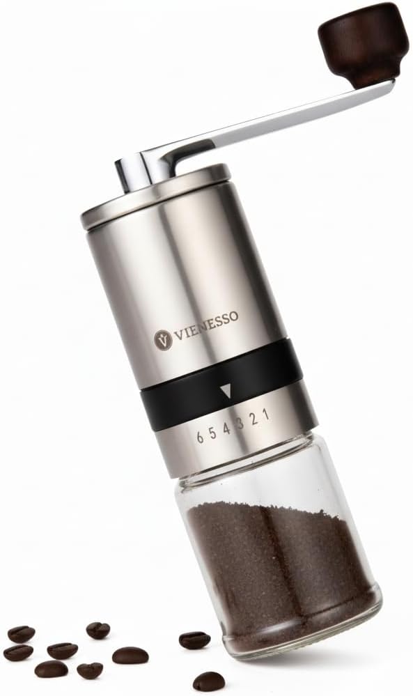 Manual Stainless Steel Coffee Grinder - Hand Coffee Grinder with Ceramic Grinder and 6 Grinding Levels | Compact Coffee Grinder for Espresso & Filter Coffee | Ideal for Home & Fresh Coffee
