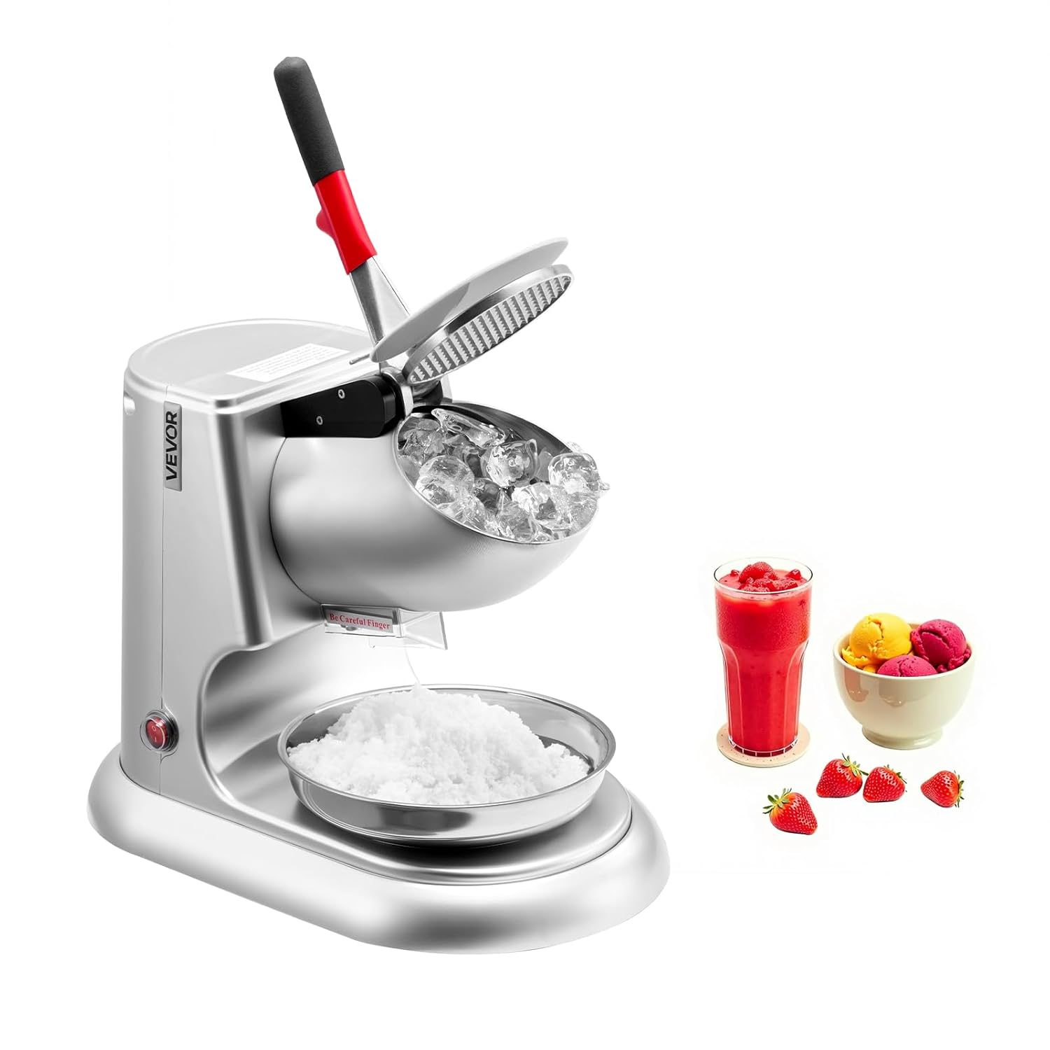 VEVOR Commercial Ice Crusher 100kg/Hour Electric Snow Cone Maker with 4 Blades, Stainless Steel Ice Crusher with Bowl & Cover 300W 2000rpm, Ice Shaver Silver