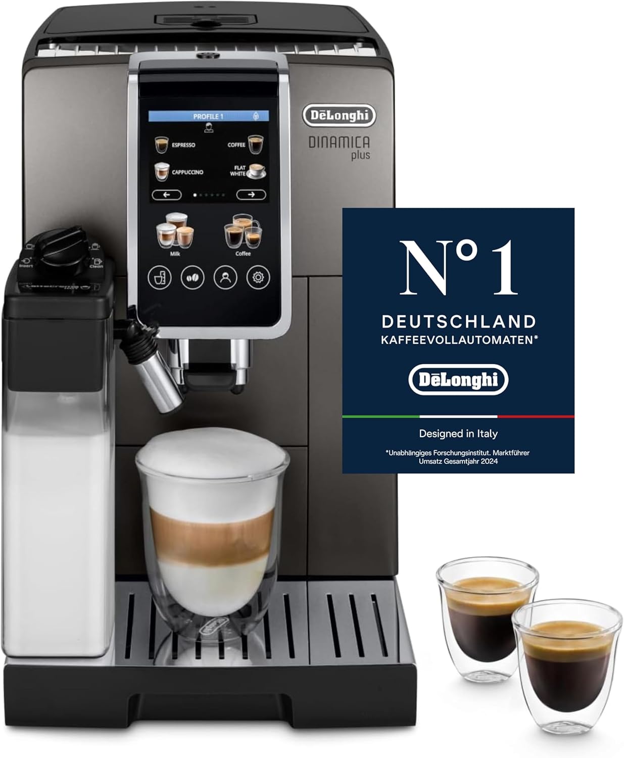 De\'Longhi Dinamica Plus ECAM380.95.TB Fully Automatic Coffee Machine with LatteCrema Milk System, One-Touch Cappuccino, with 24 Recipes, 3.5 Inch TFT Color Display, 1450 W, Titanium/Black