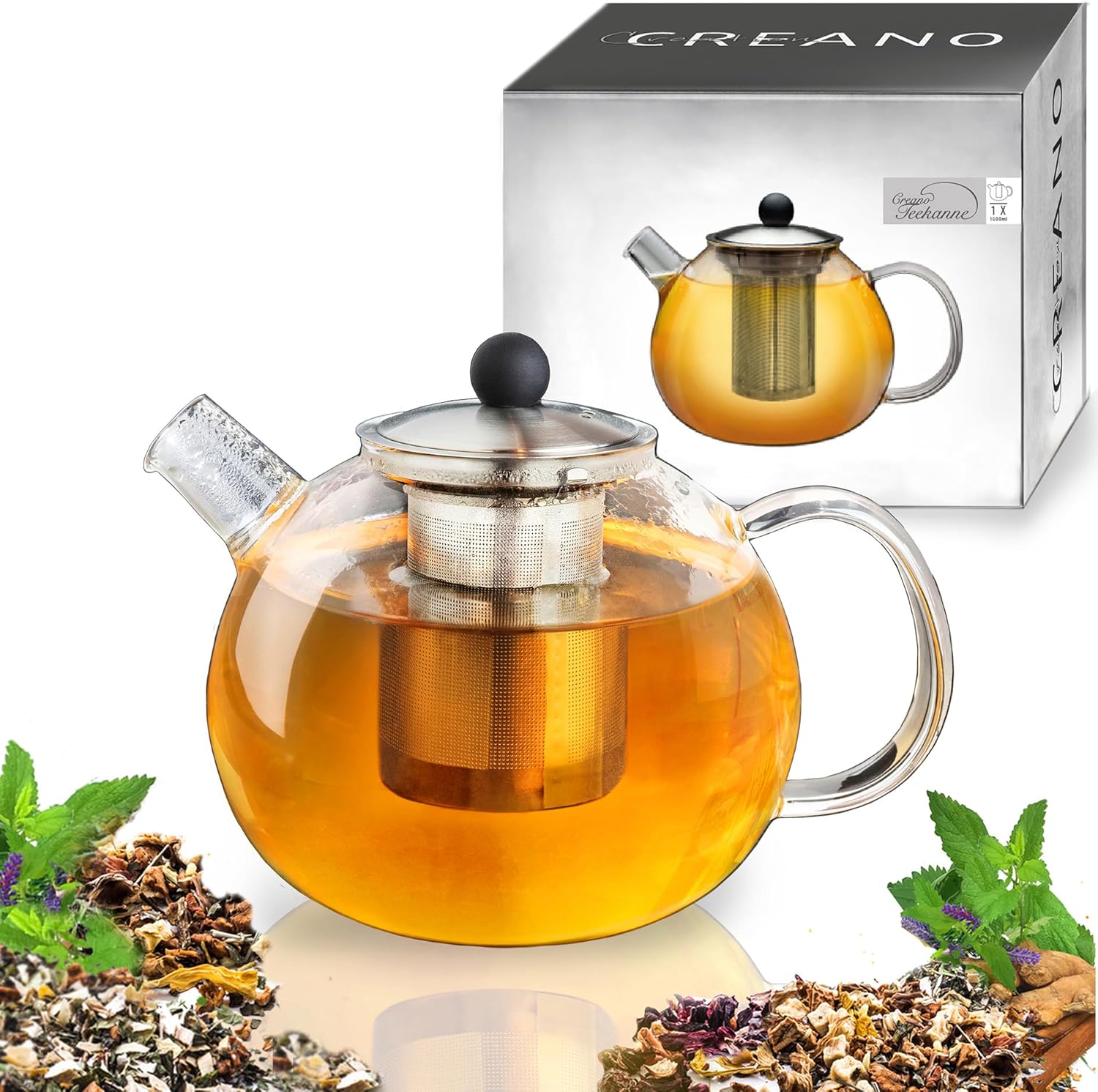 Creano Teapot with Glass Strainer Insert 1.6 L - Glass Teapot with Stainless Steel Strainer and Lid - Ideal for Preparing Loose Teas - Drip-Free
