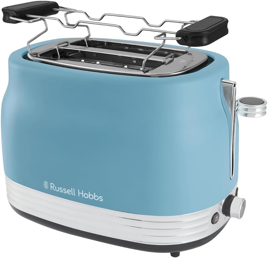 Russell Hobbs Toaster [for 2 slices] Hanley Retro Blue (6 Browning Levels, Extra Wide Toast Slots, Defrost/Reheat/Stop Function, Bun Attachment, Crumb Drawer, Lift & Look) 28651-56