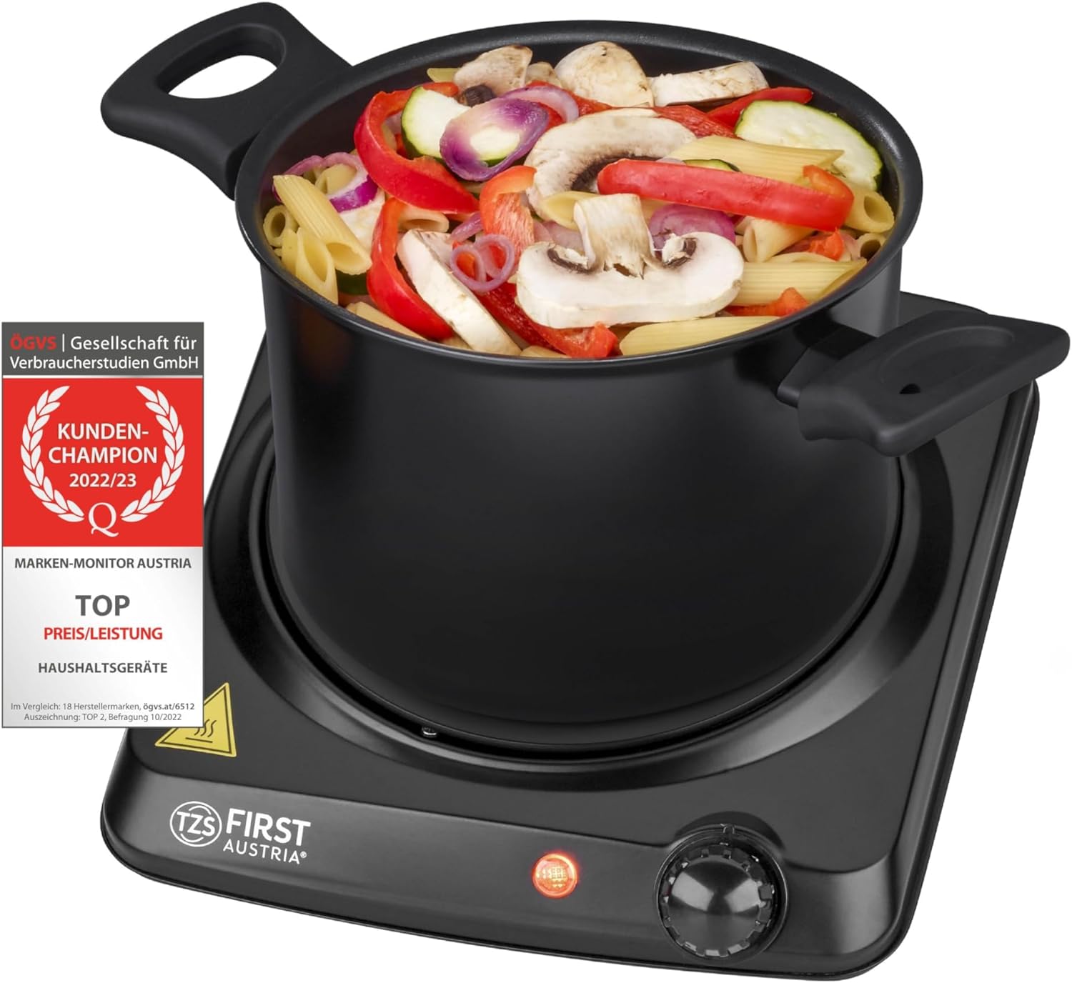 TZS First Austria Infrared Ceramic Hob | All Pot Types | Single Hob 17.5 cm | Hob for Moving, Camping, Holiday Home - Quick Heating & Continuous Adjustment - Indicator Light