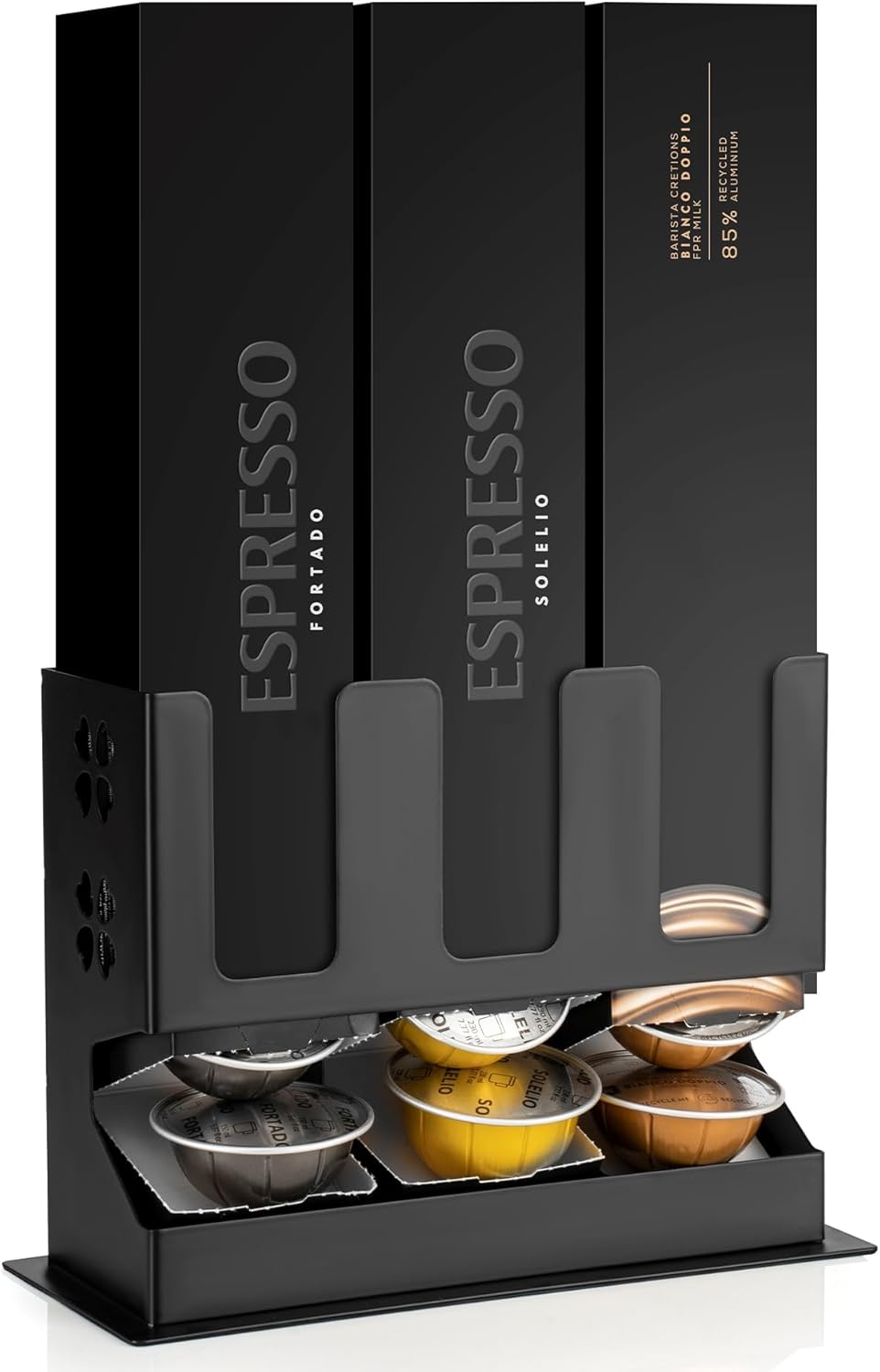 RECAPS Coffee Capsule Storage Holder Compatible with Nespresso Vertuoline Vertuo, Countertop Organizer with Non-Slip Steel Base, Capsule Dispenser, Dispenses 3 Coffee Flavors (30 Vertuo Capsules)