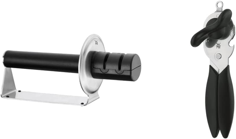 WMF Gourmet Knife Sharpener, Ceramic Discs, 2 Steps, for Pre-Grinding, Safe Handling & Can Opener with Bottle Opener 20 cm, Plastic, Cromargan Stainless Steel, Dishwasher Safe, Black