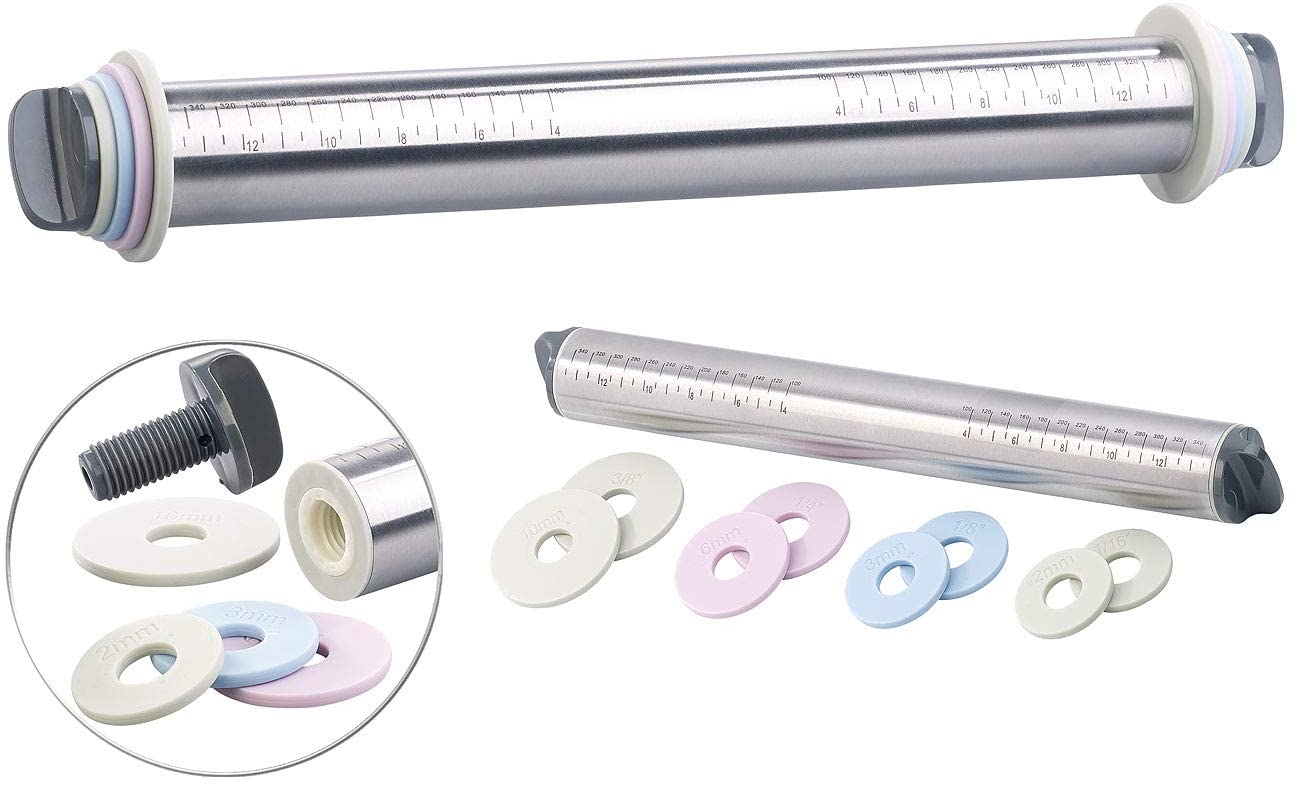 Rosenstein & Söhne Rolling pin with spacing: height-adjustable stainless steel rolling pin, 4 pairs of spacers, 35 cm (corrugated wood)