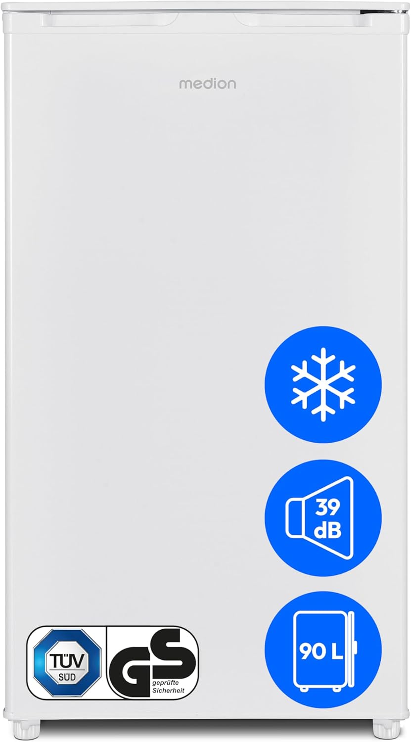 MEDION MD37690 Fridge with Ice Cube Compartment (90 L Total Net Capacity, 80 L Fridge Compartment, 10 L Ice Cube Compartment, Transparent Vegetable Drawer, Freestanding, Interchangeable Door Hinge, Height-Adjustable Feet, MD37690)