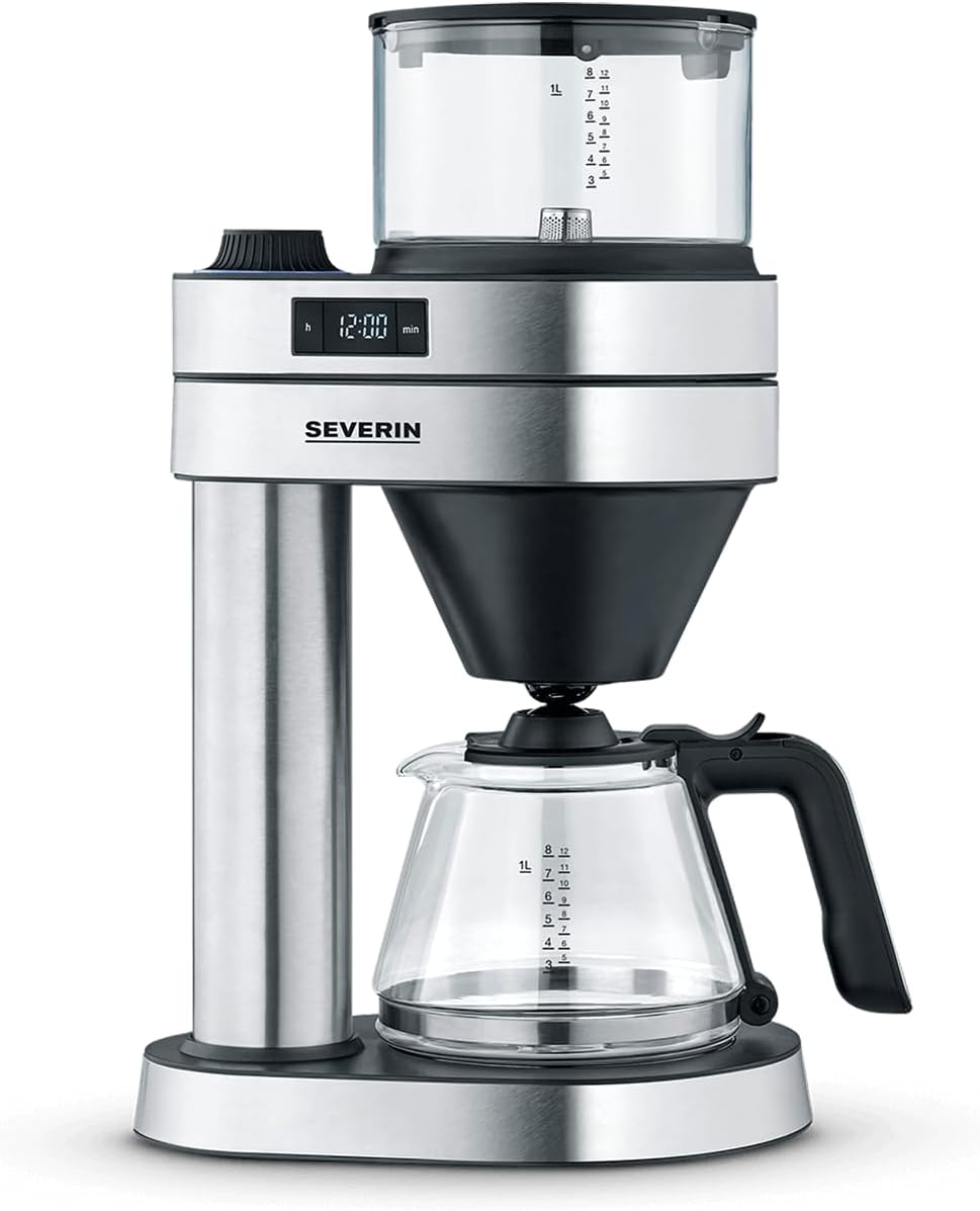 Severin - Caprice KA 5762 Coffee Maker for 8 Cups, Filter Coffee Machine/American Coffee Machine with Glass Jug, with LED Display with Timer, Brushed Stainless Steel/Matte Black