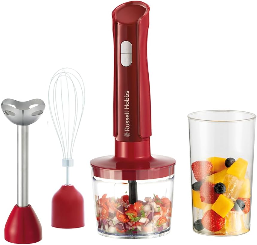 Russell Hobbs Desire Red 27142-56 Hand Blender [3-in-1: Mixer, Whisk & Chopper/Puree Stick] (600 ml Mixing Cup, Dishwasher Safe Accessories, Stainless Steel Knife, for Smoothies, Soups, Sauces & Dips)