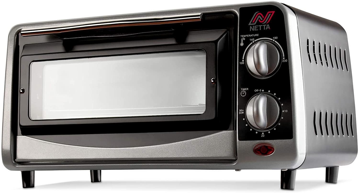 NETTA Mini Oven - 9L Small Portable Electric Grill - Adjustable Temperature Control - Timer - Accessories Included - 650W - Table Top with Light - Multi Cooking Function Grill and Baking