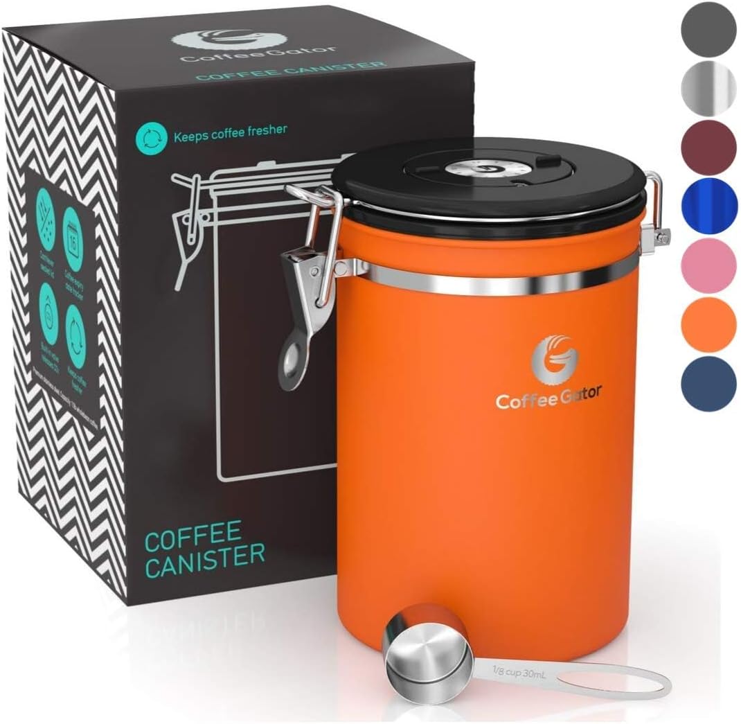 Coffee Gator Coffee Container - Stainless Steel Coffee Container with Lid and Aroma Lid - Storage Tin to Store Coffee Beans or Coffee Powder Perfectly - Aroma Tin with Free Dosing Spoon, large, orange