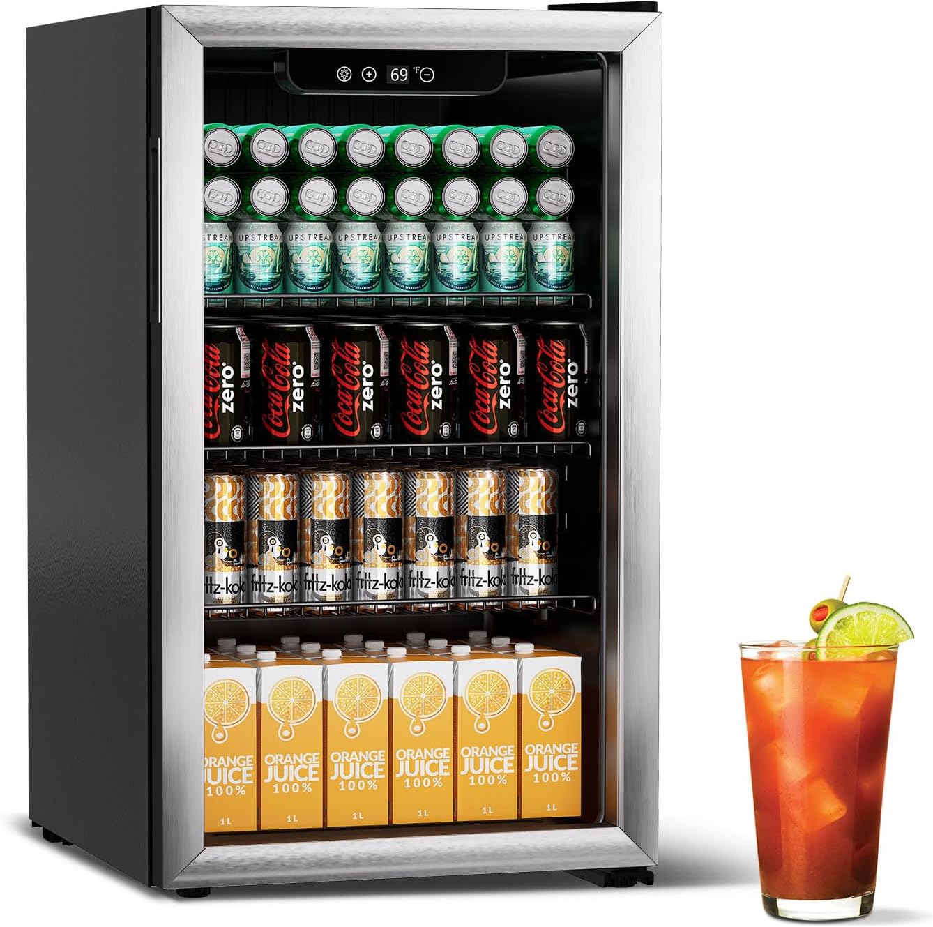 Drinks Refrigerator, 115 Cans/80 L Mini Fridge with Transparent Door for Beer, Soda, Wine, Freestanding Small Fridge with Adjustable Shelf and LED Indicator (Silver)