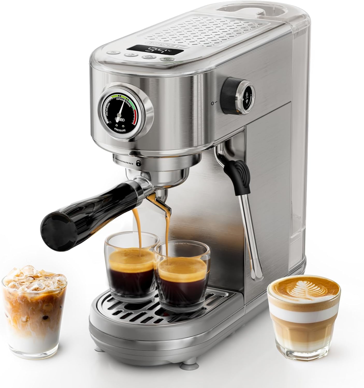 HIBREW Programmable Espresso Machine, H10B, Brushed Stainless Steel, Adjustable Temperature and Cup Volume, Steam Cleaner for Milk Frother