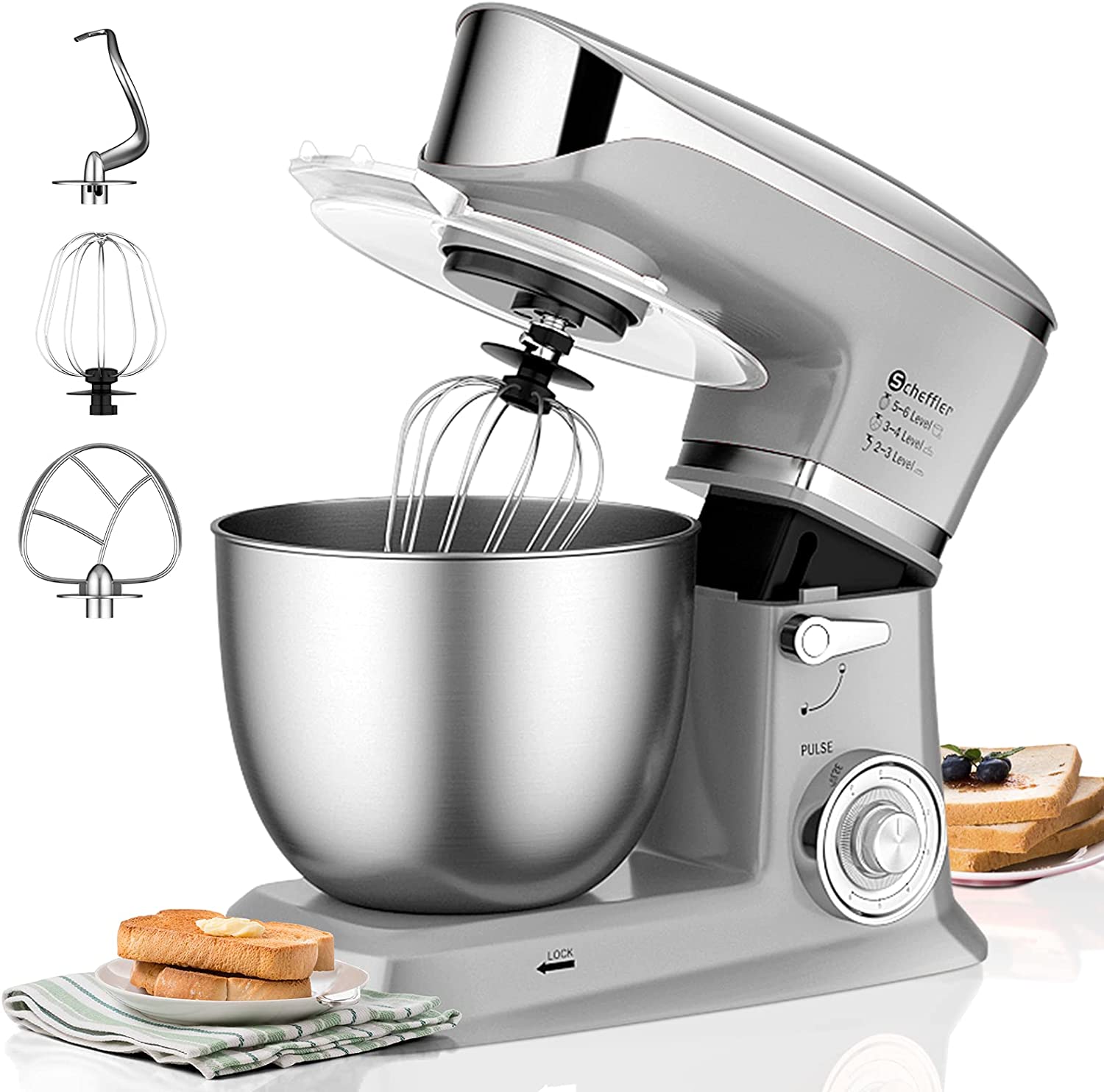 Scheffler Food Processor 2000 W Kneading Machine, 5 L Food Processor XL, Dough Machine, 6 Speeds, 8 Other Accessories Included, Dough Hook, Flat Stirrer, Whisk (5L-Silver)