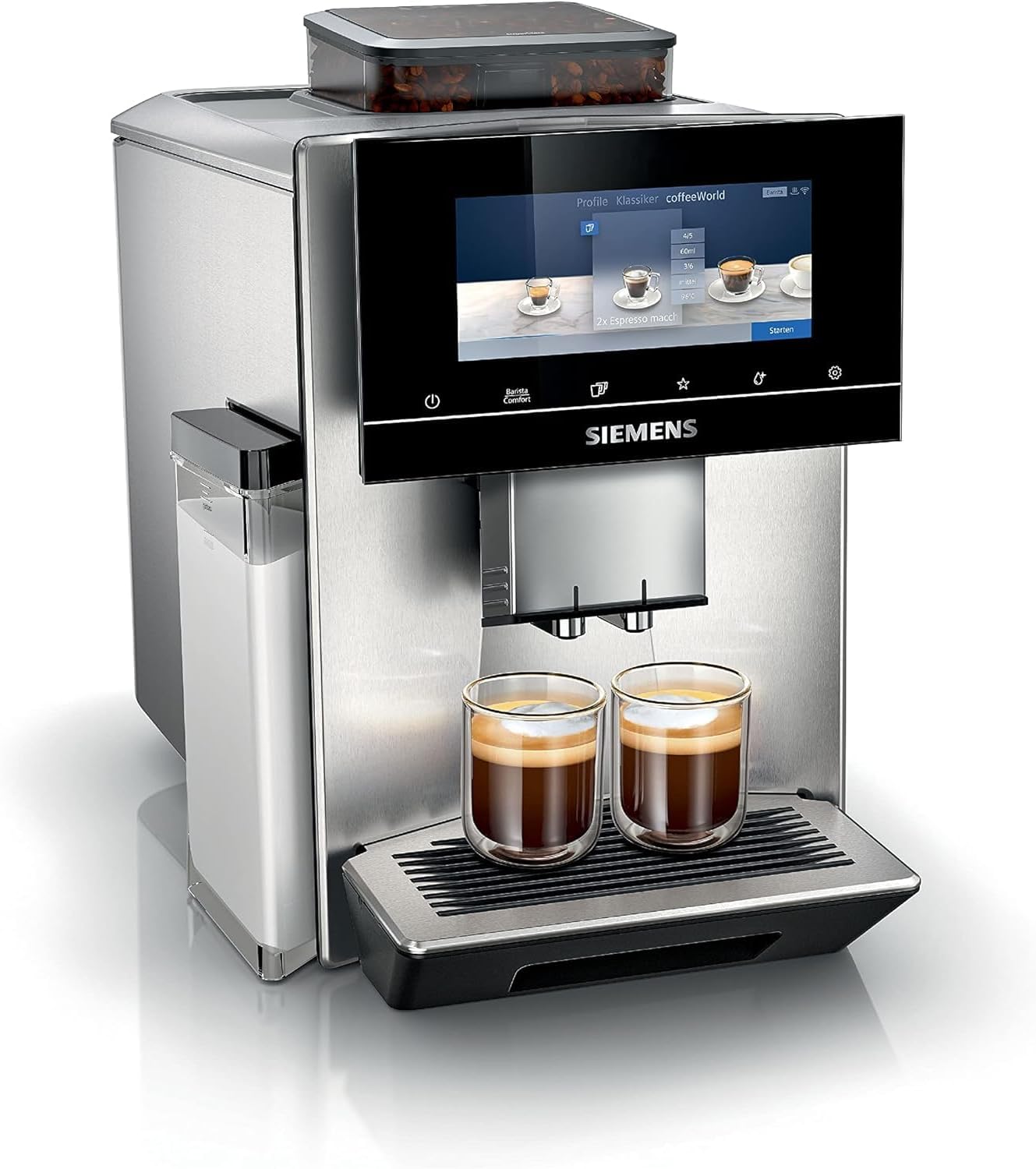 Siemens EQ900 Fully Automatic Coffee Machine, Large Coloured TFT Display, 36 Hot and Cold Drinks, Cold Brew, Super Quiet, Ceramic Grinder, Double Cup Function, App Control, Stainless Steel, TQ905D03