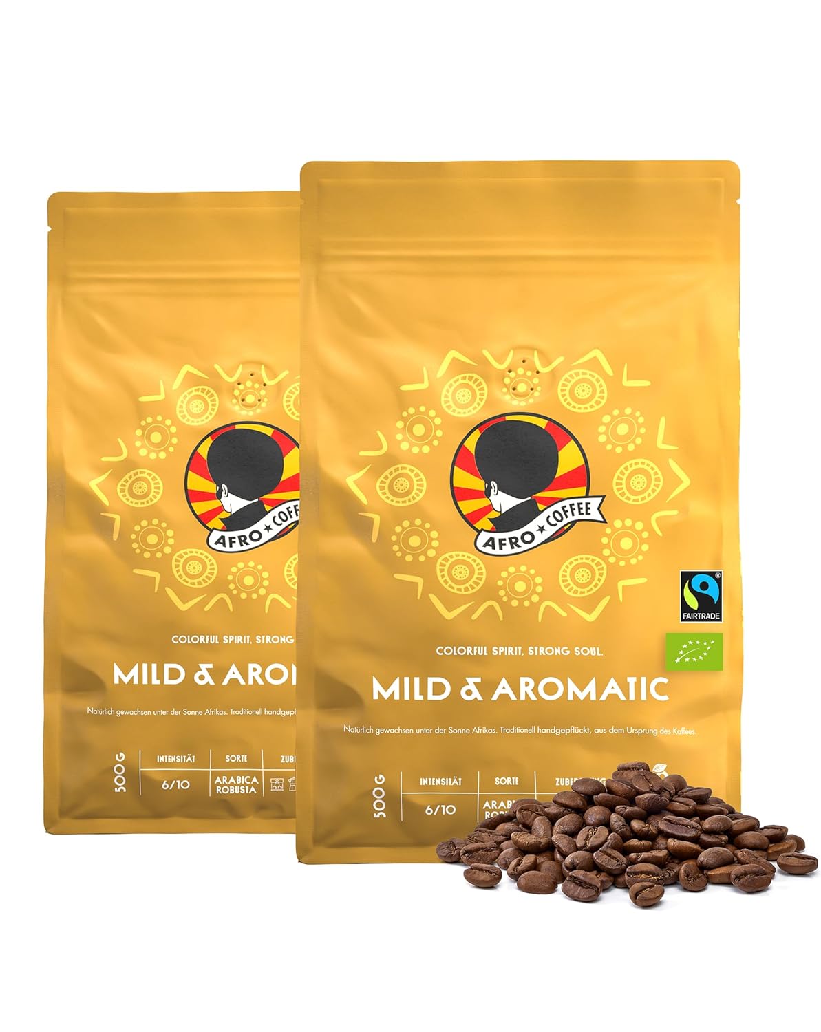 AFRO COFFEE Mild & Aromatic I 2 x 500 g Premium Organic Coffee Beans Fairtrade I Arabica & Robusta Beans / Bean Coffee from East Africa with Floral Note I Hand Picked, Medium Roasted, Low Acid