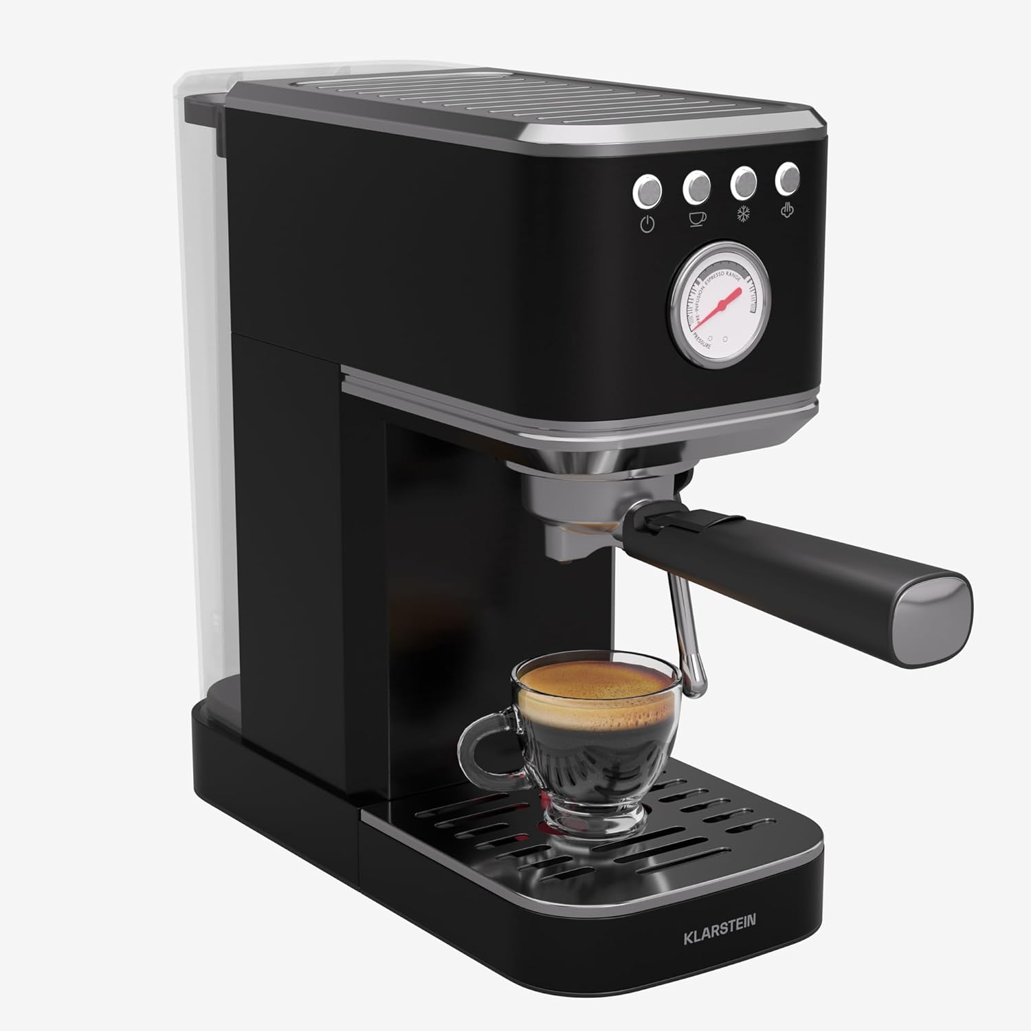 Klarstein SteelPresso Slim Portafilter Machine - 20 Bar, 1350 W, 1.2 L Water Tank, Steam Nozzle, Stainless Steel Housing, Compact, Easy to Use, Easy to Clean, Black